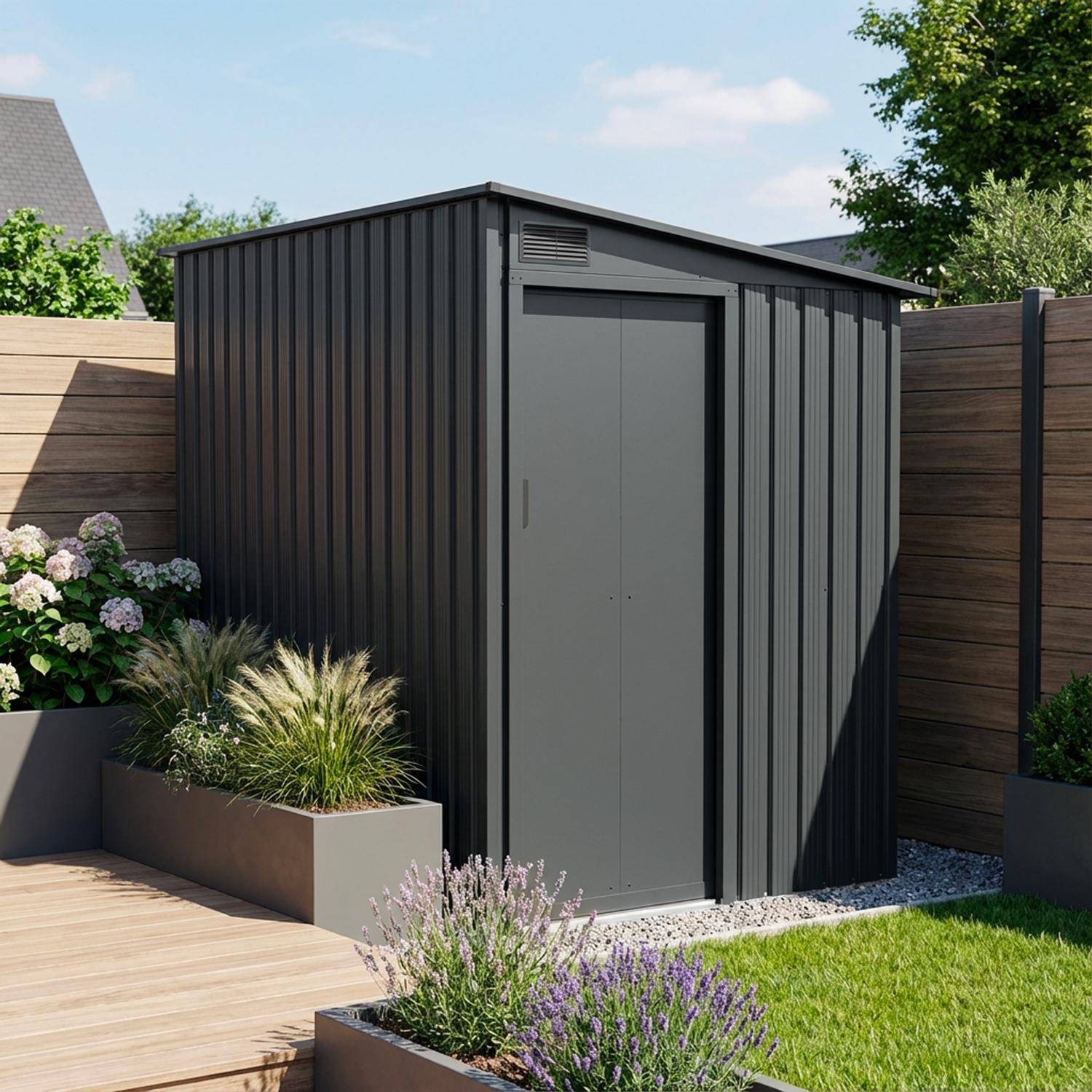 Bray - Cobertizo de jardín de acero galvanizado de 2,91m² con puerta corredera y kit de anclaje