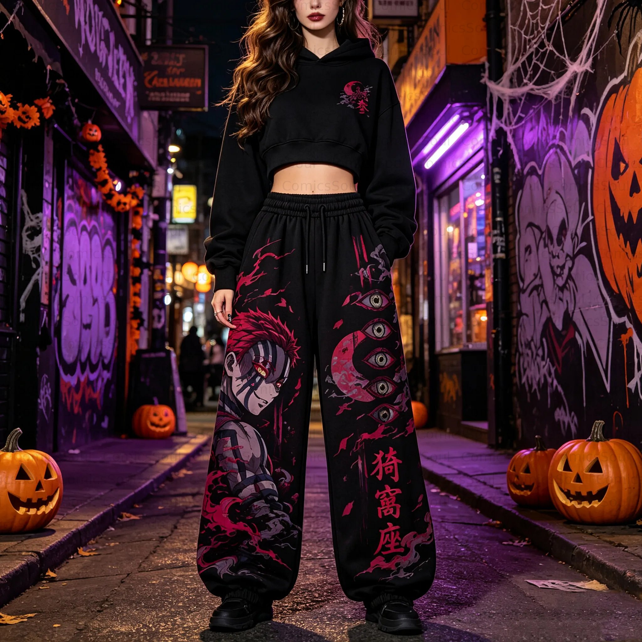 Demon Slayer Cropped Long Sleeve Hoodie & High Waist Jogger Pants Two Piece TeeThreads Sustain the Scene with Custom Apparel