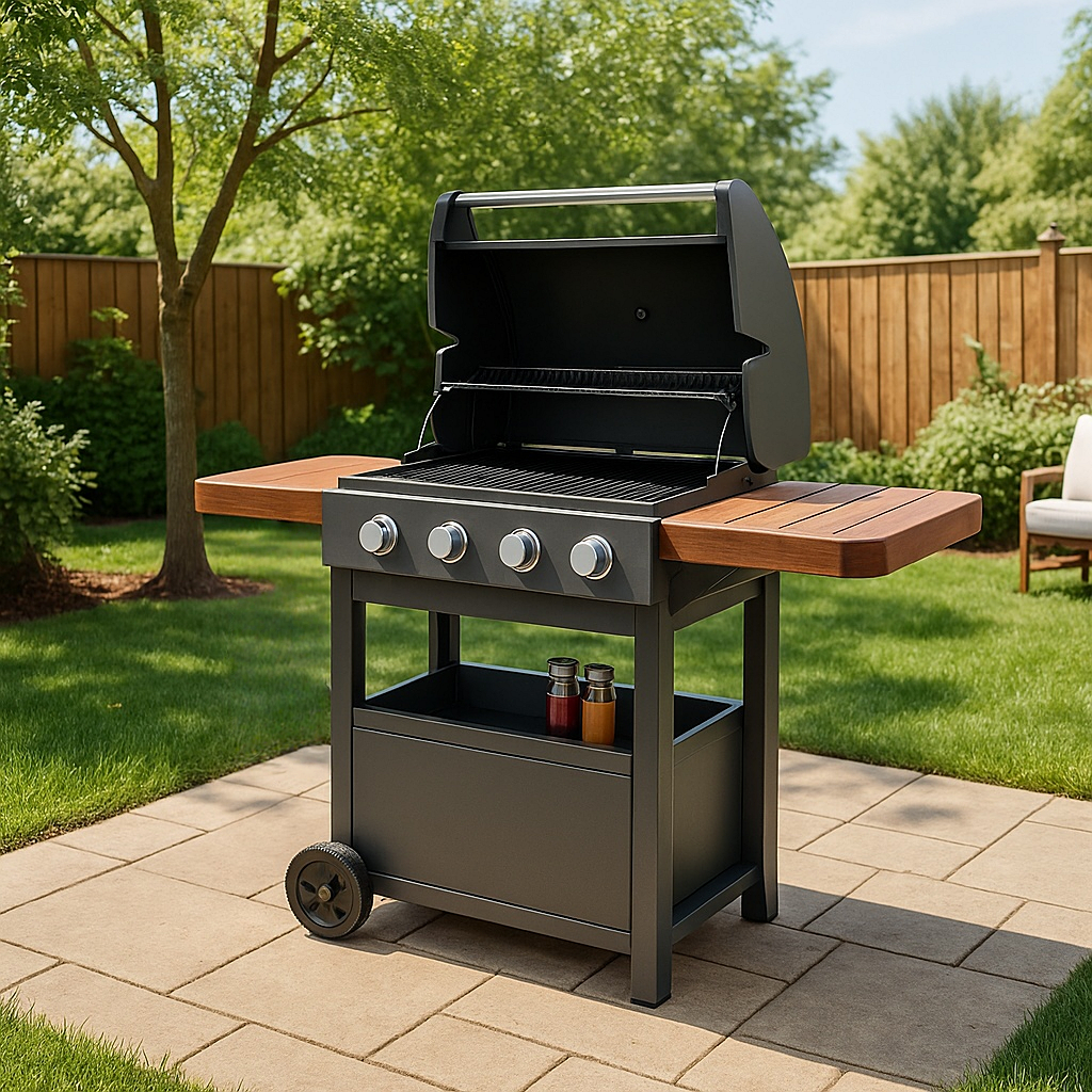 Parrilla de barbacoa, con estantes laterales de madera, color gris
