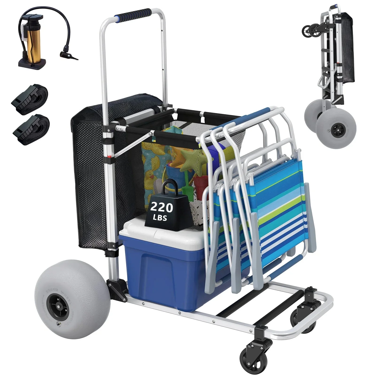 Foldable Beach Cart with Adjustable Handle and 12