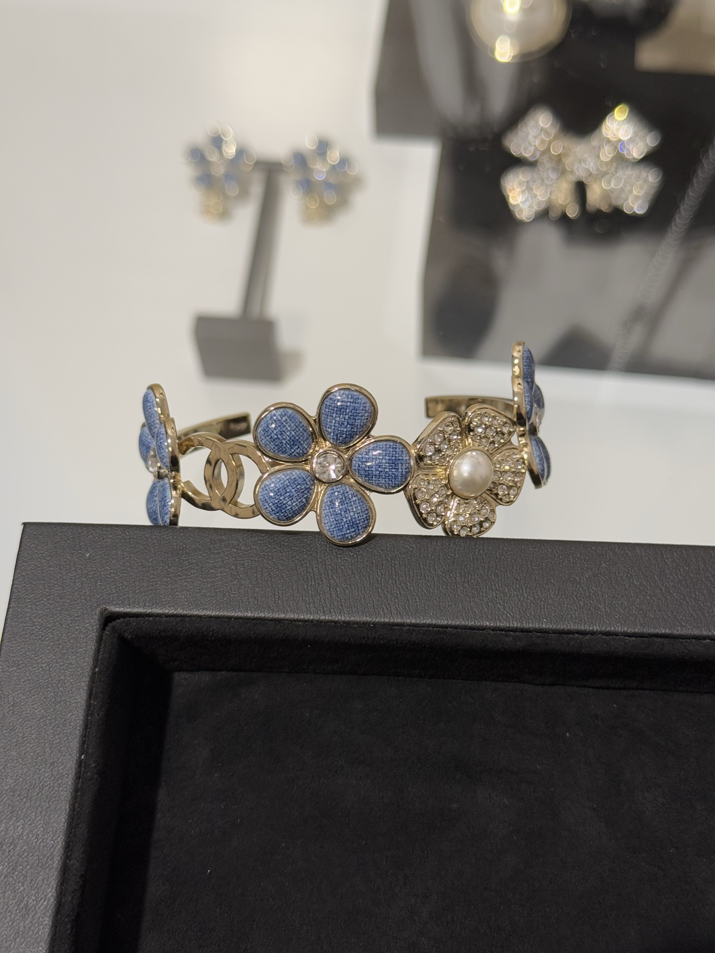 Chanel 26C Blue Denim Flower Diamond Paved Cuff Bangle Bracelet - Original Replica Club
