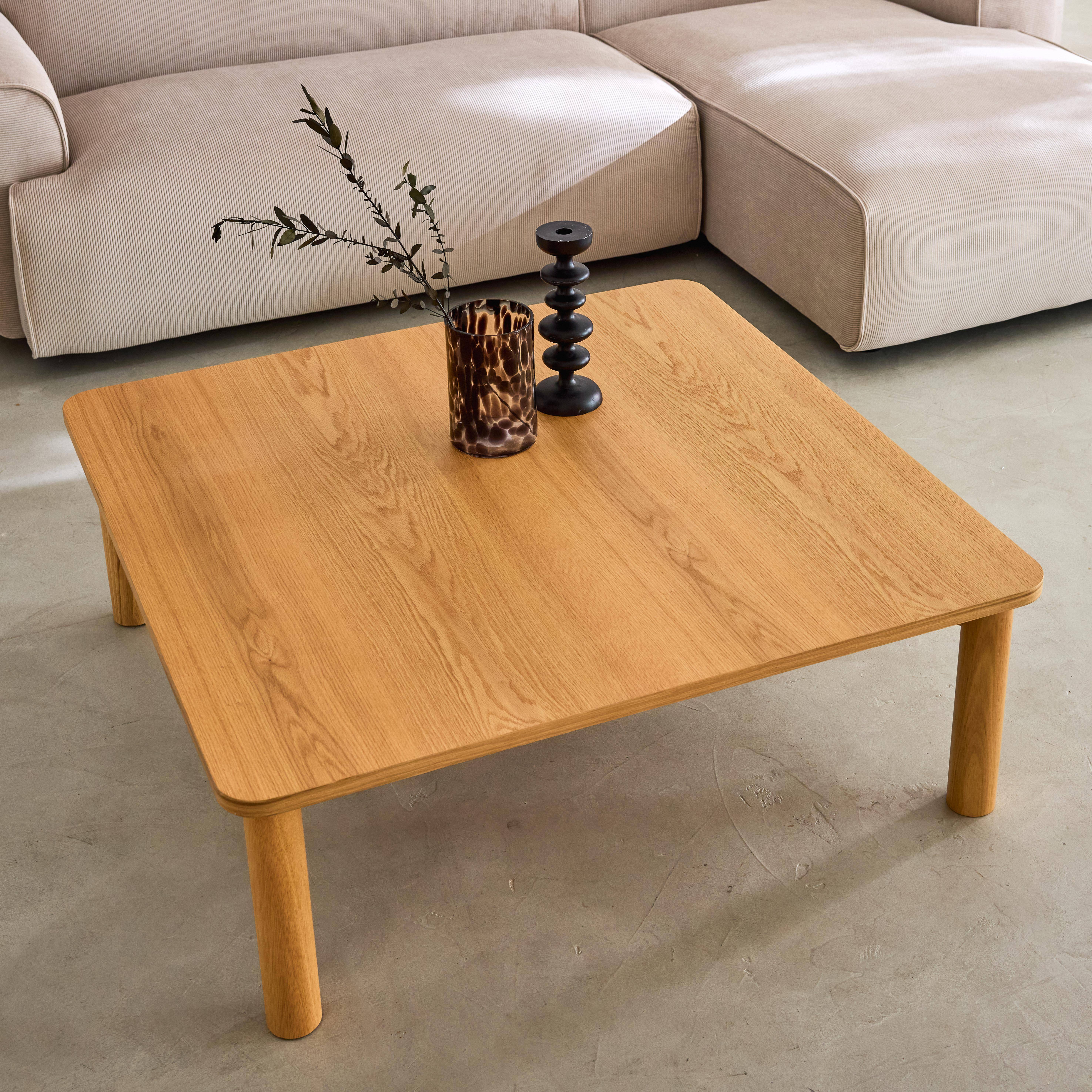 Solene - Mesa de centro cuadrada de madera de hevea con chapa de roble