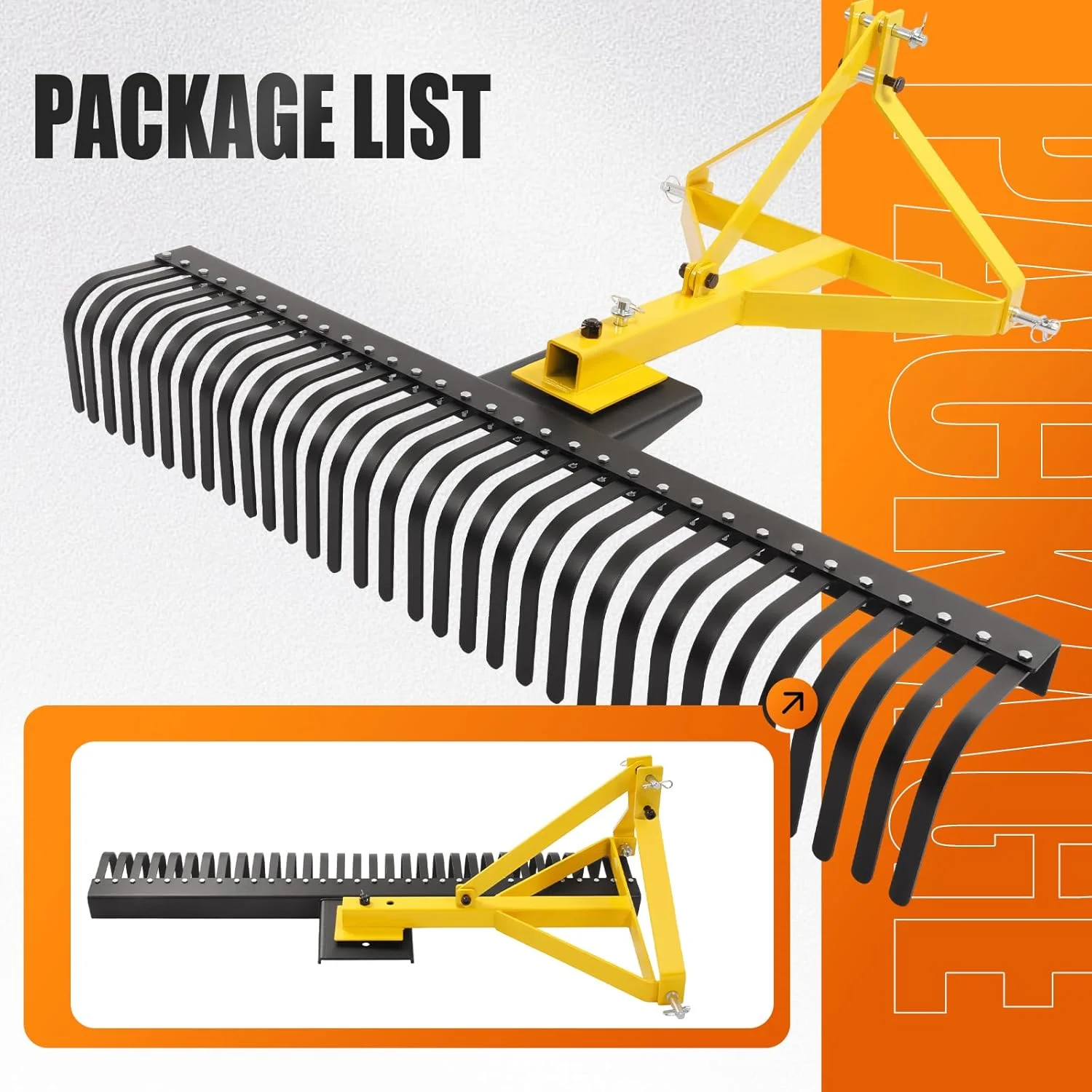 KOJEM 60In Landscape Rake 3 Point Rake 360 Degree Rotation Compatible with Category 1 Cat1 Compact Tractors Tow-Behind Garden Tool for Garden Farm Clearing Brush Raking Arenas 2 Package Yellow - Image 6