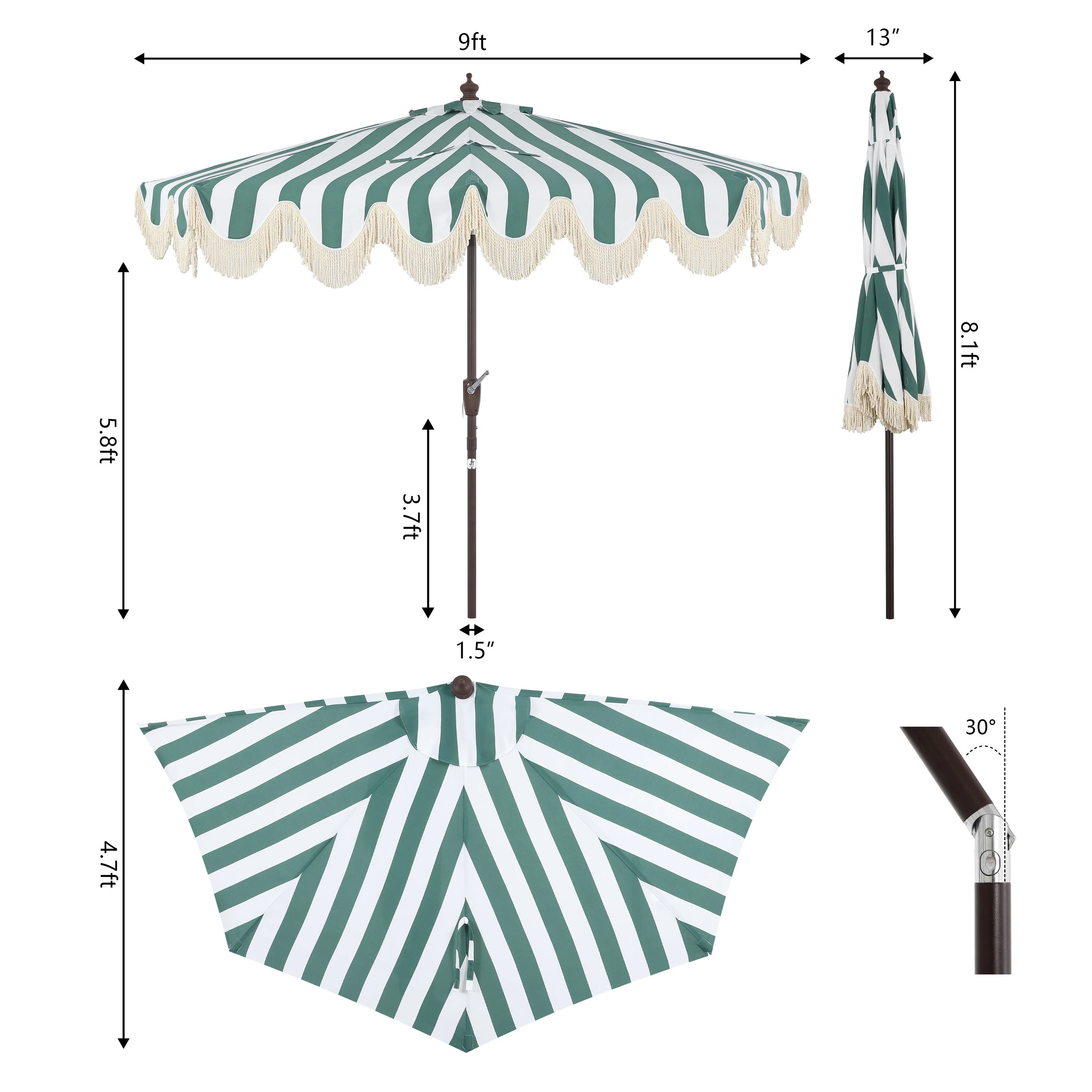 JONATHAN Y Beverly 9 ft. Half Market Patio Umbrella, Designer Classic Scalloped Fringe with Crank, Tilt Button and UV Protection, Blue/White/Cream, Dark Brown Pole - Image 25