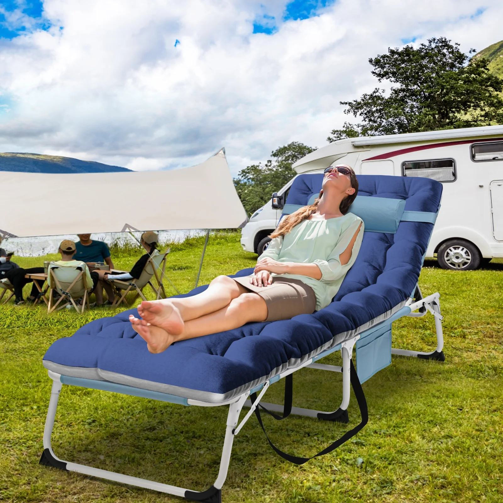 MOPHOTO Lounge Chair with Mattress, Outdoor Chaise Lounge Support 440 Lbs, Adjustable Portable Heavy Duty Sleeping Cots Bed for Camping, Pool, Beach, Patio - Image 45