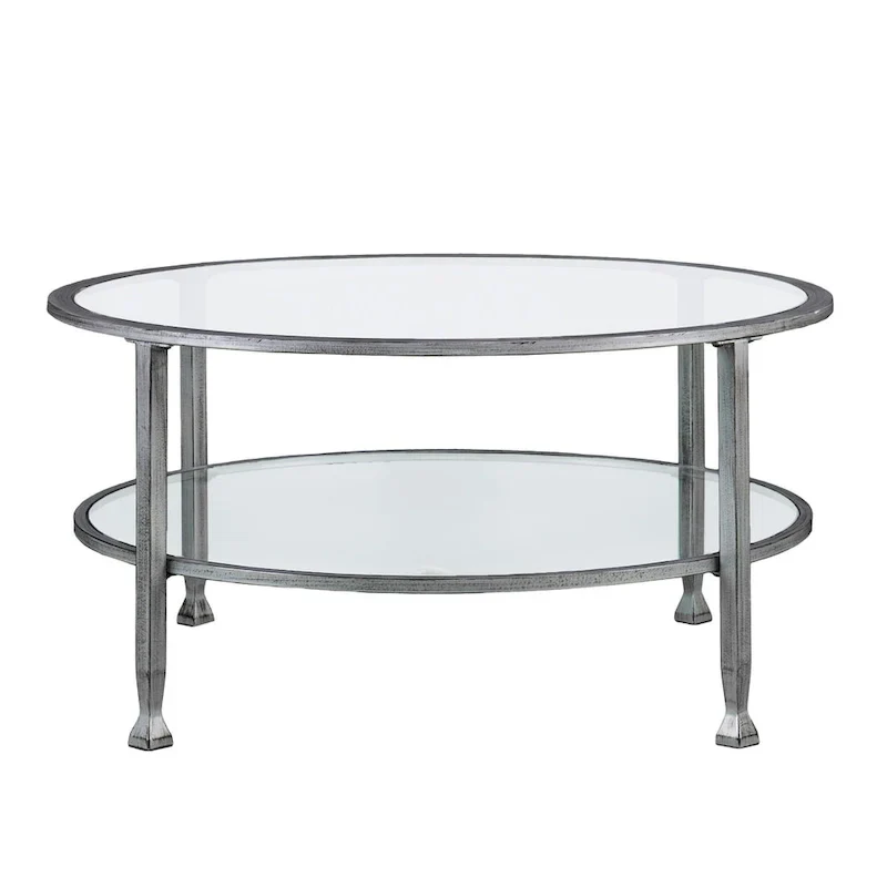 Glenn Distressed Silver Round Coffee Table with Glass Top and Shelf by SEI Furniture