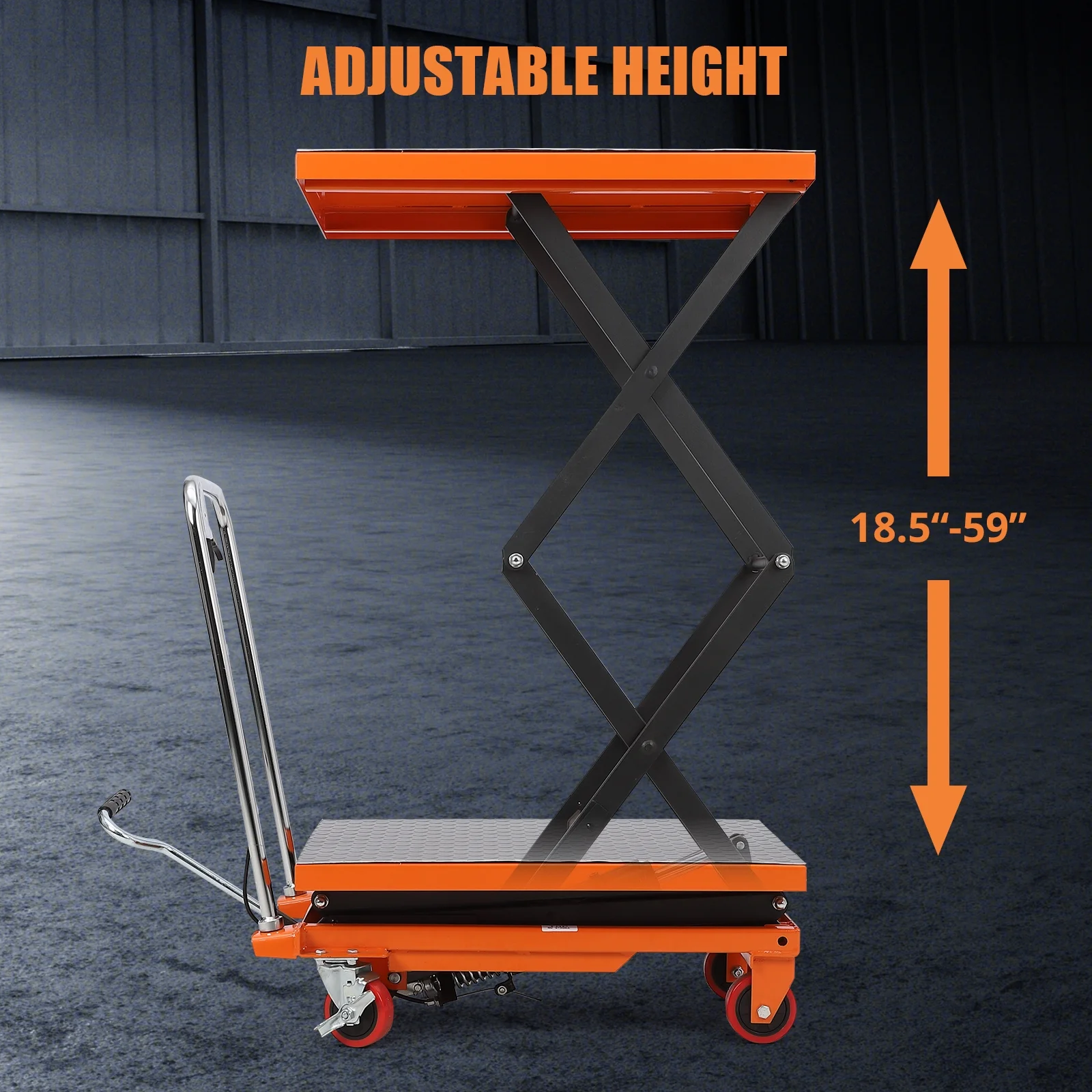 Hydraulic Lift Table Cart - 770 lbs Capacity, Adjustable Up to 59" Lifting Height, Manual Double Scissor Lift Table with 4 Wheels & 3mm Non-Slip Pads for Safe Material Handling & Transport, Orange - Image 2