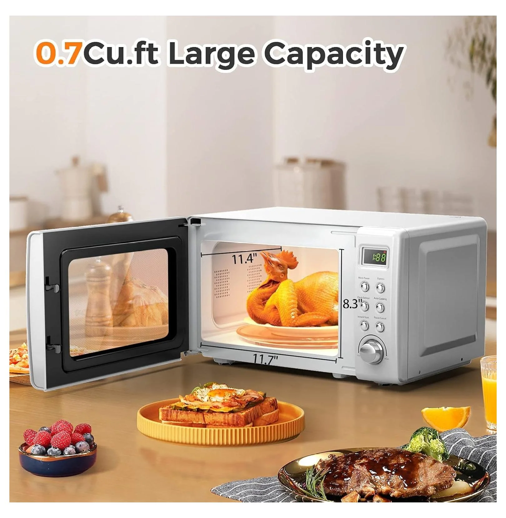 Small Microwave, 0.7Cu.ft 700 Watt Countertop Microwave with 5 Micro Power Defrost & Auto Cooking Function, Stainless Steel Interior, LED Display, Microwave for Kitchen, RV, Dorm ?(White) - Image 3