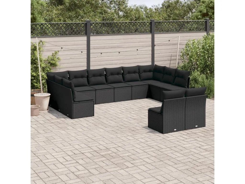 Set de sofás de jardín 12 piezas cojines ratán sintético negro 58980SDCP
