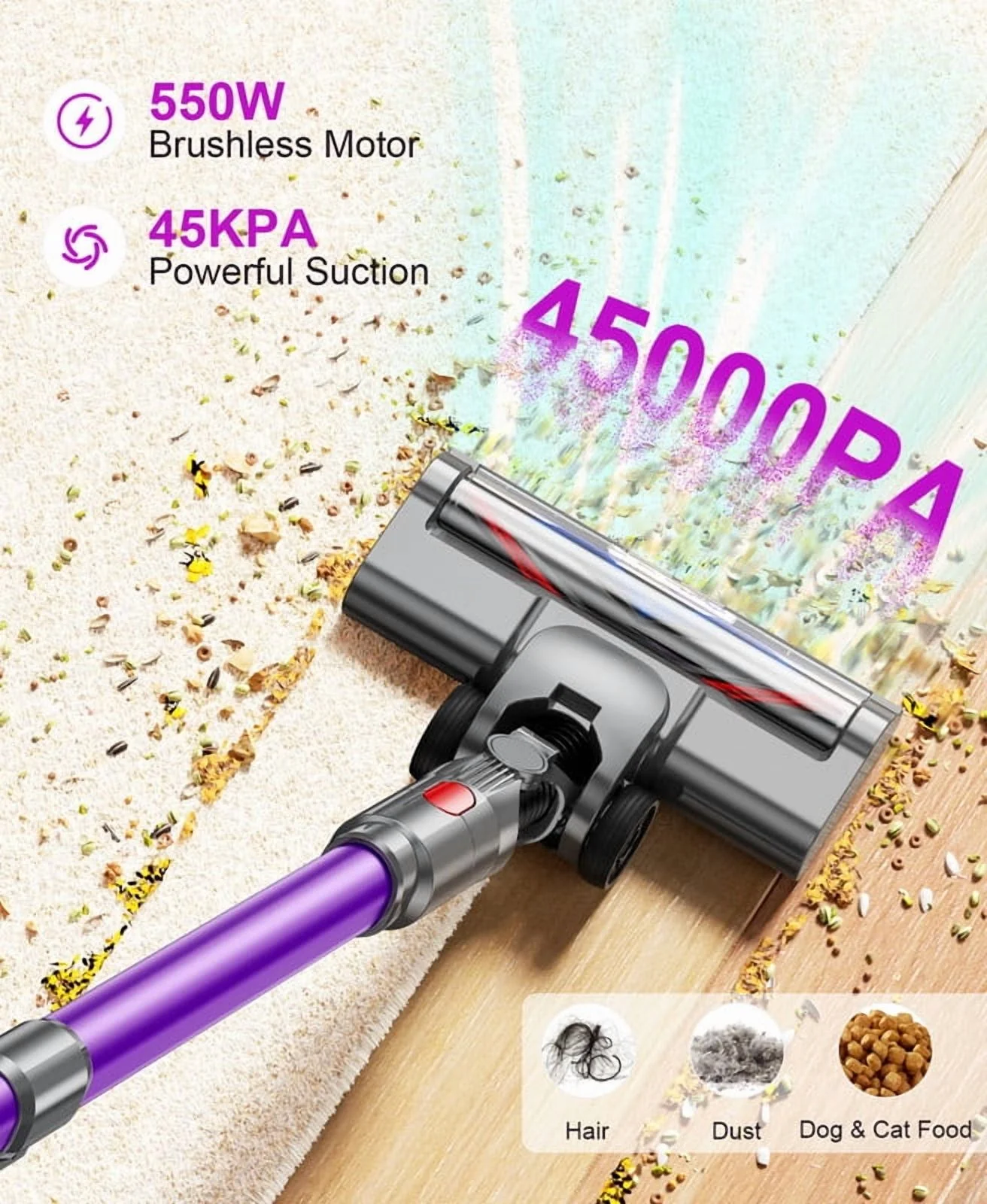 Hosaud Cordless Vacuum Cleaner - 45000pa 550W 55mins 2600mAh Lightweight Stick Vacuum Cleaners for Home Pet Hair Carpet Floor Purple - Image 2