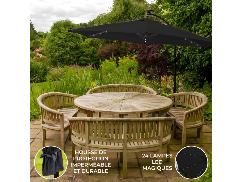 Sombrilla Voladiza de 3m con Luces LED Blancas Frías Terraza Jardín Playa Exterior Parasol Toldo Paraguas Quitasol Dosel Pérgola Palio Alero Colgante Protección Solar y Contra UV Rotación 360°– Negro