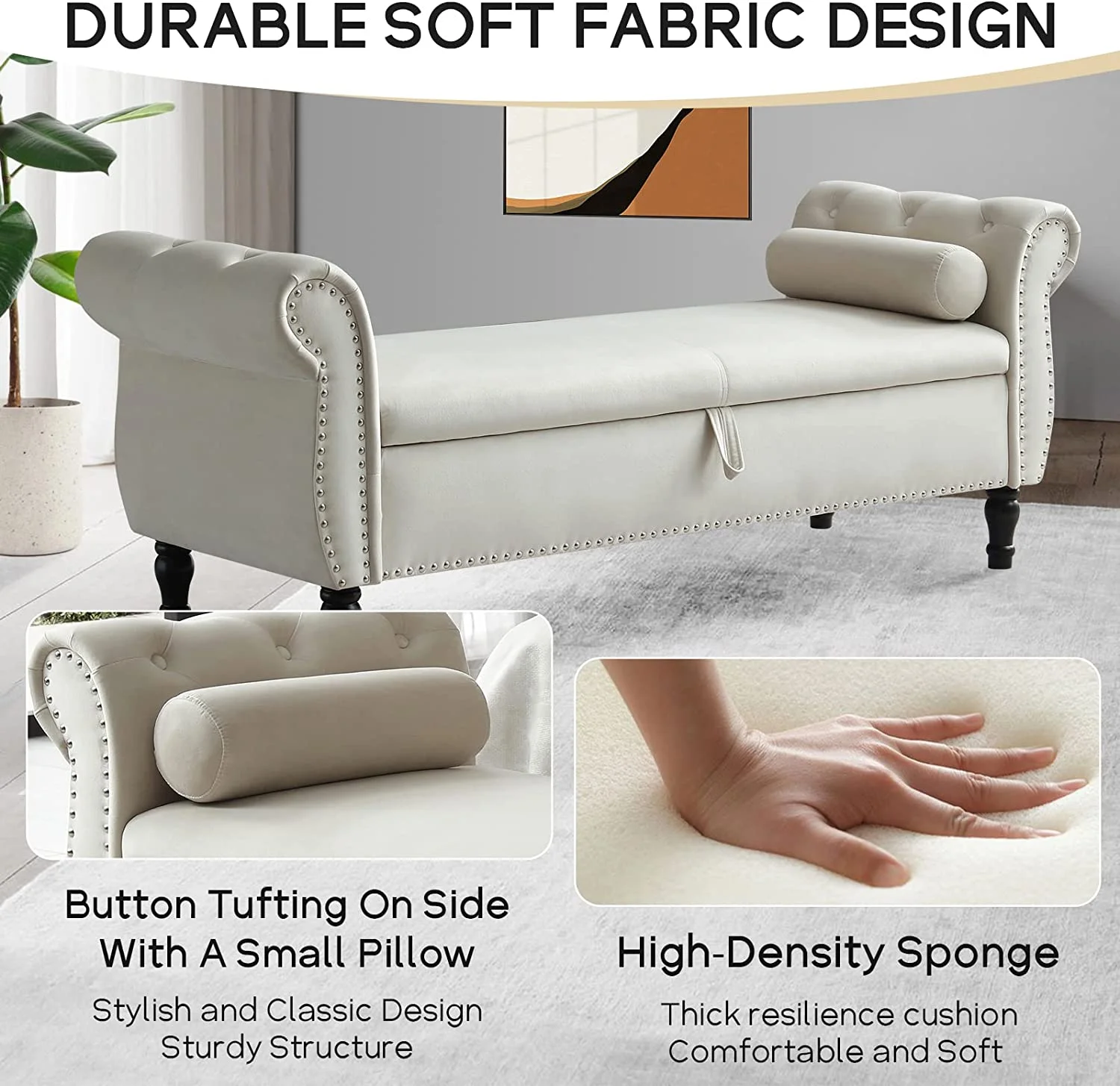 Sumdeal 43.5" Storage Ottoman Bench with 250lb Seating, Linen Upholstered Wood Legs Safety Hinge Flip Top Oval Foot Rest Long Stool for Sofa Couch Bedroom End of Bed Living Room Entryway, White - Image 92