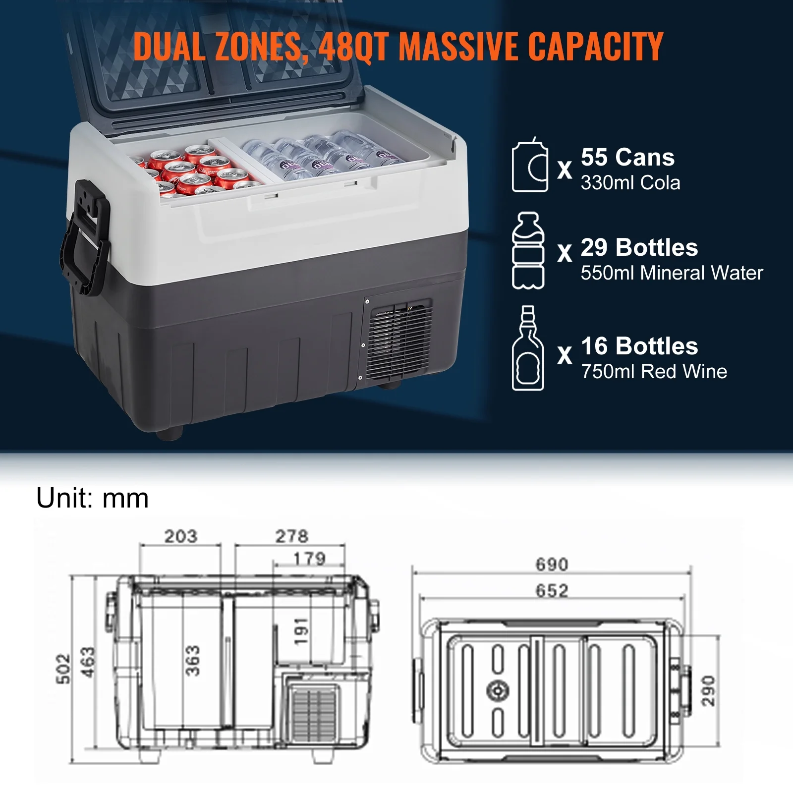 VEVOR 12 Volt Refrigerator, 48QT, Dual Zone Car Fridge Freezer with App Control & Wheels, 12/24V DC & 100-240V AC Electric Compressor Cooler for Car Truck Vehicle RV Boat Outdoor & Home Use - Image 6