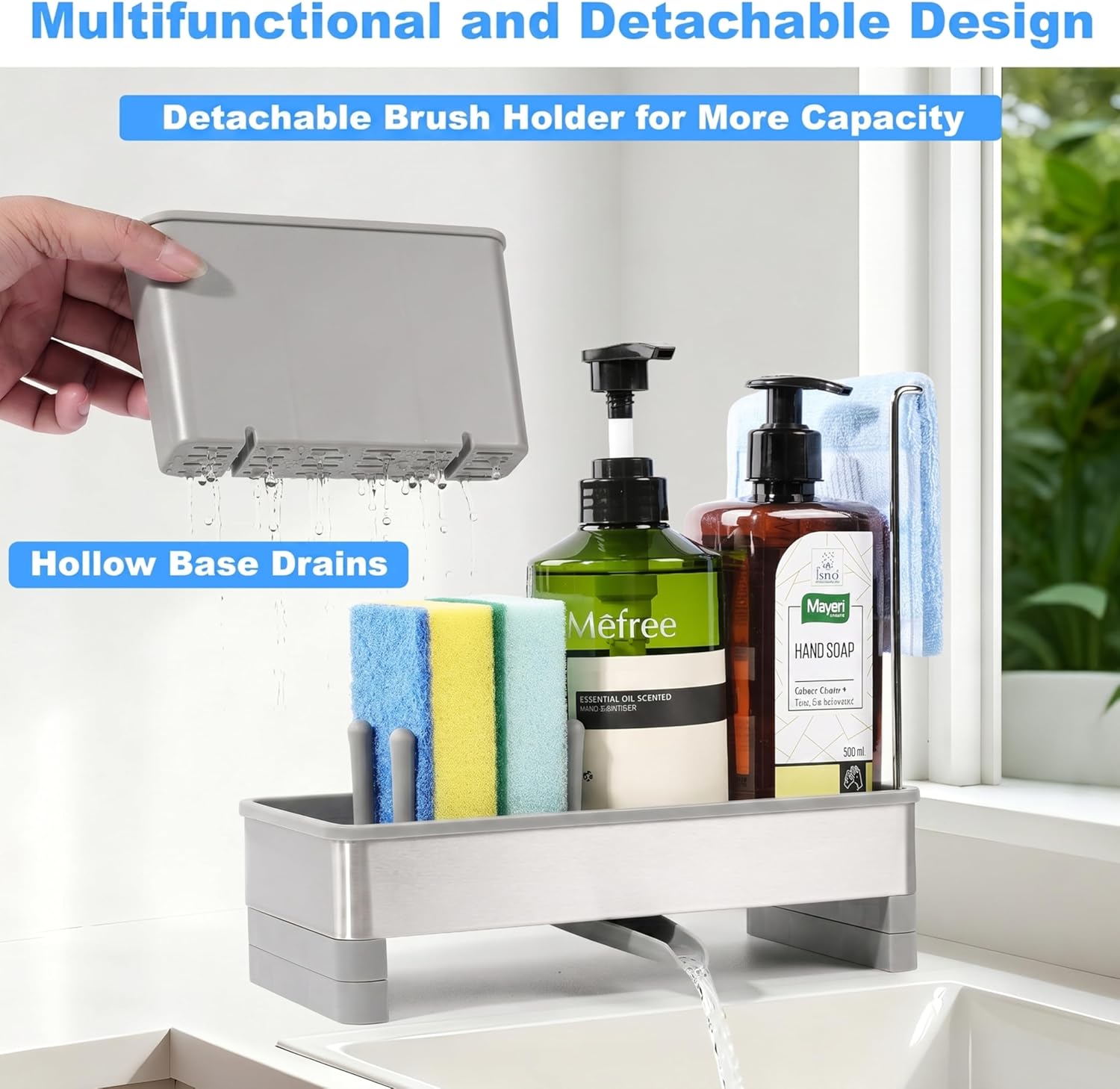 Kitchen Sink Caddy Organizer, Stainless Steel Sponge Holder, Kitchen Caddy Sink Organizer with Dish Brush Holder and Dishcloth Rack, Rustproof Dish Sponge Drying Rack for Countertop Storage