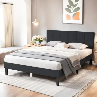 Modern Platform Bed Frame with Adjustable Headboard - Sturdy Geometric Upholstered Design with 800LBS Capacity and Solid Wooden Slats