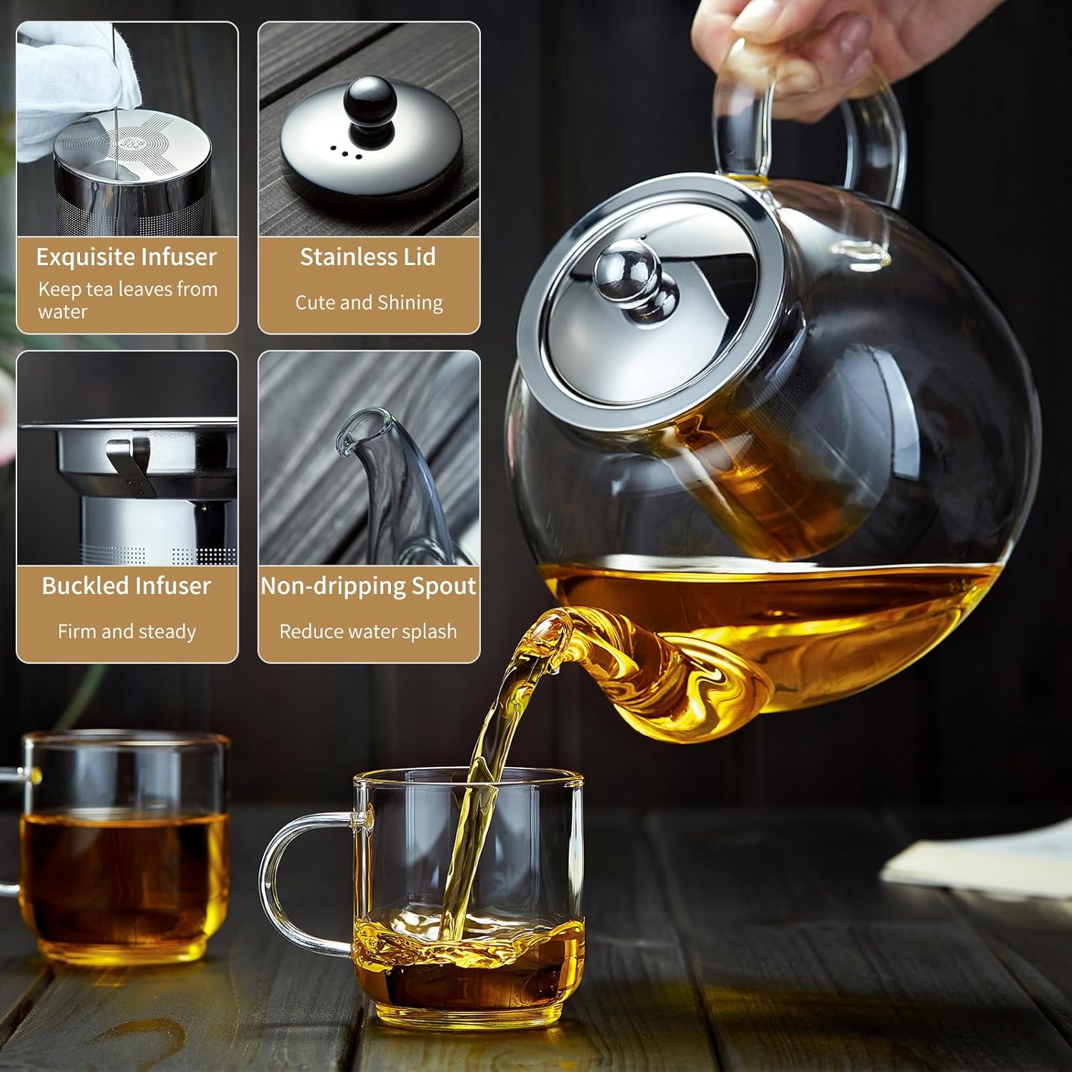 DOPUDO 40OZ (1200ML) Glass Teapot with Infuser Stovetop Safe, Clear Glass Tea Pot Kettle, Borosilicate Tea Pot with Infusers Filter for Loose Tea, Tea Kettle Dishwasher Safe.