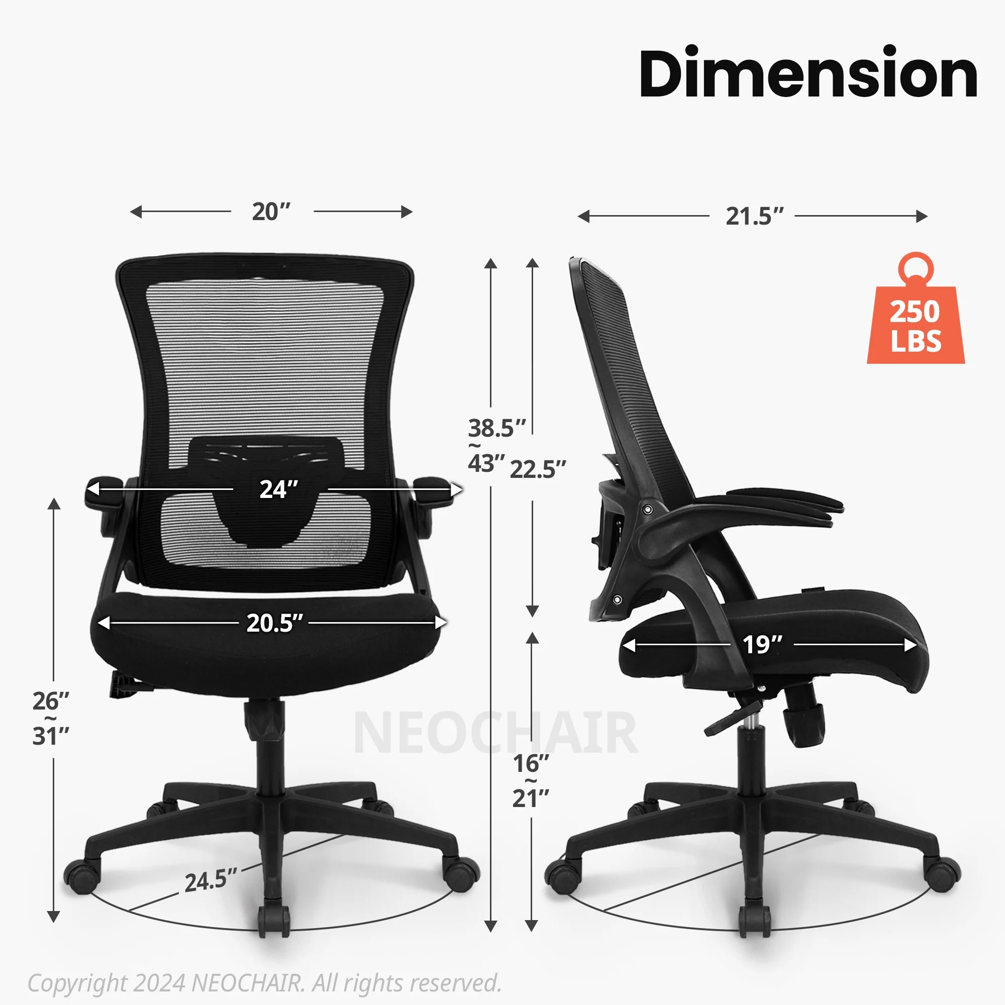 NEO CHAIR Ergonomic Office Chair, Adjustable High Back Mesh Desk Chair with Flip-up Arms, Black - Image 8