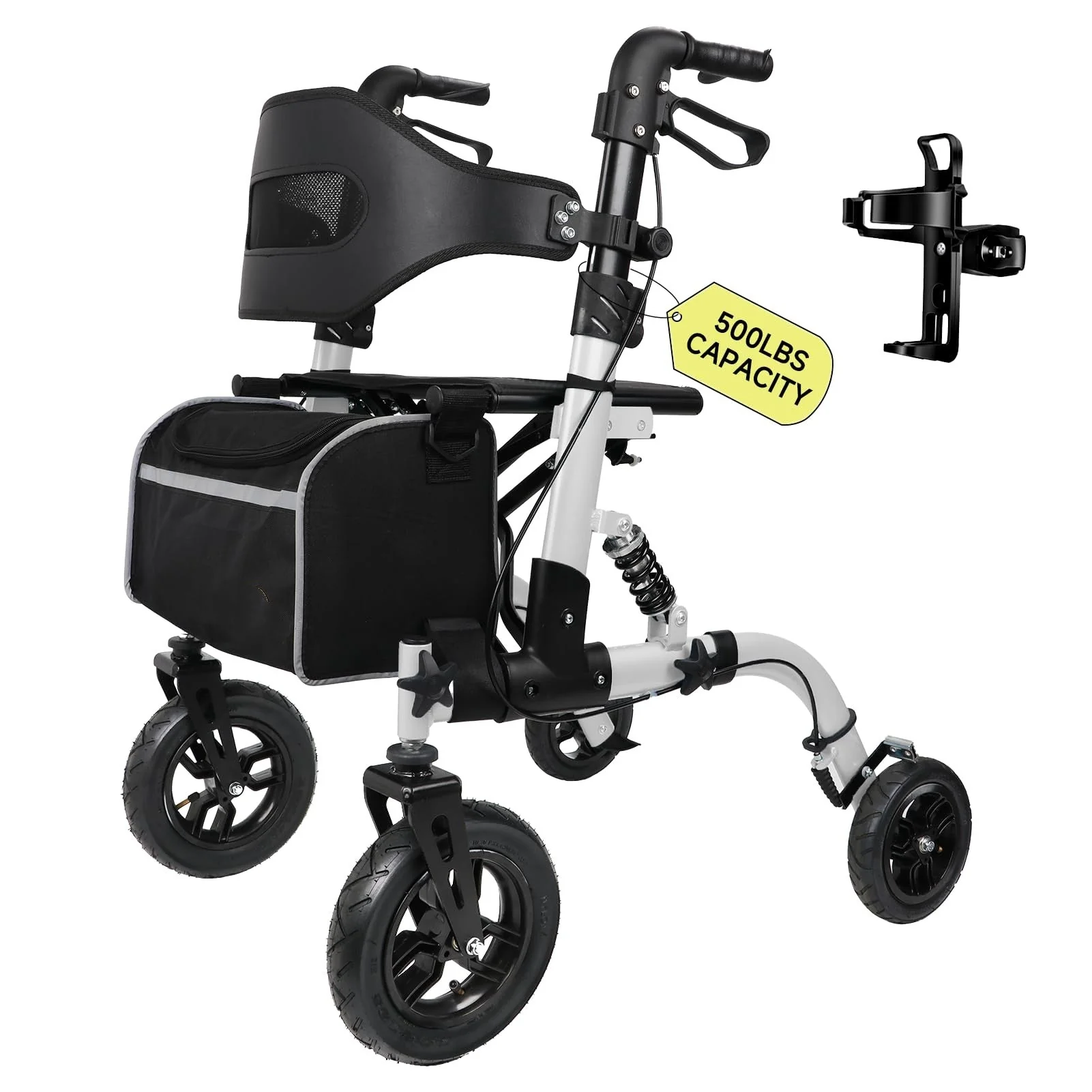 500lbs Walkers for Seniors Foldable, Heavy Duty Tall Walker with Seat, 10" Front Rubber Wheels, Outdoor Rollator All Terrain, Folding Walker, Cup and Cane Holder, Fits Height 5