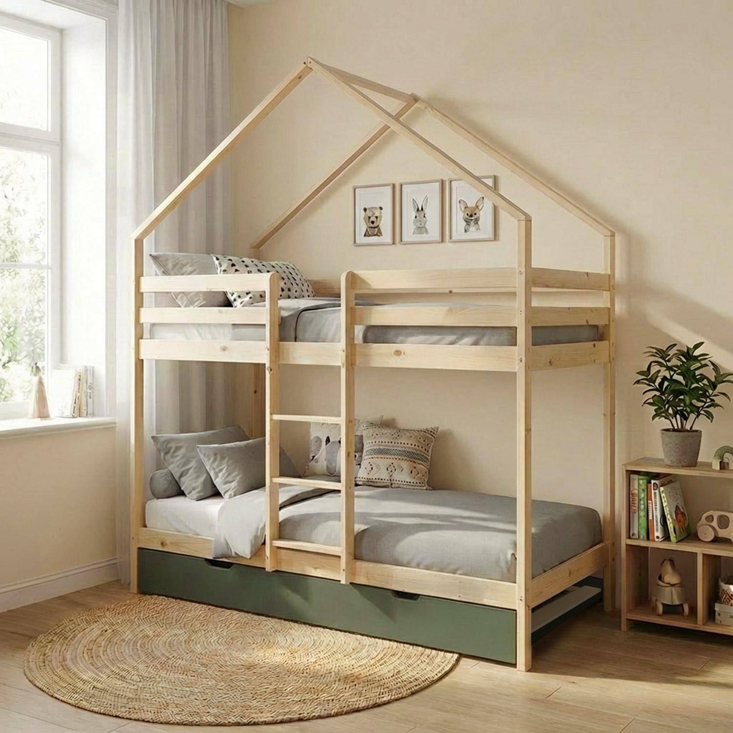 Roya - Litera infantil 190cm en pino natural estilo cabaña con somier y cajón