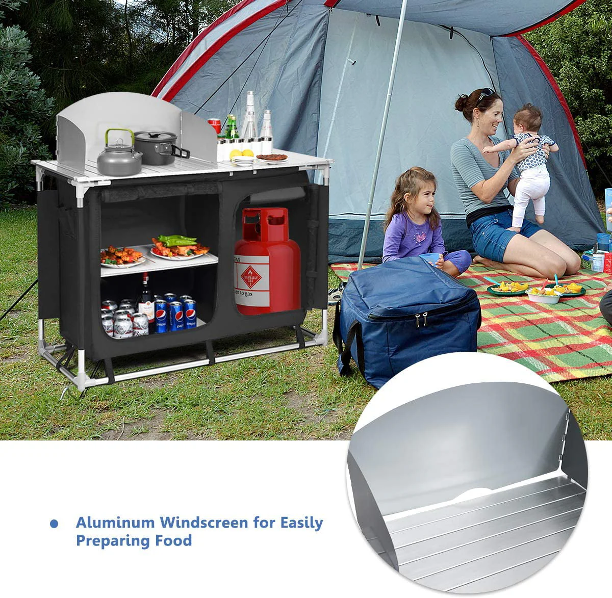 Camping Kitchen Table, Camping Grill Table w/Windscreen & Storage Organizer, Outdoor Kitchen Cook Station with Basin for BBQ, Party, Picnics, Backyards, BBQ Table - Image 8