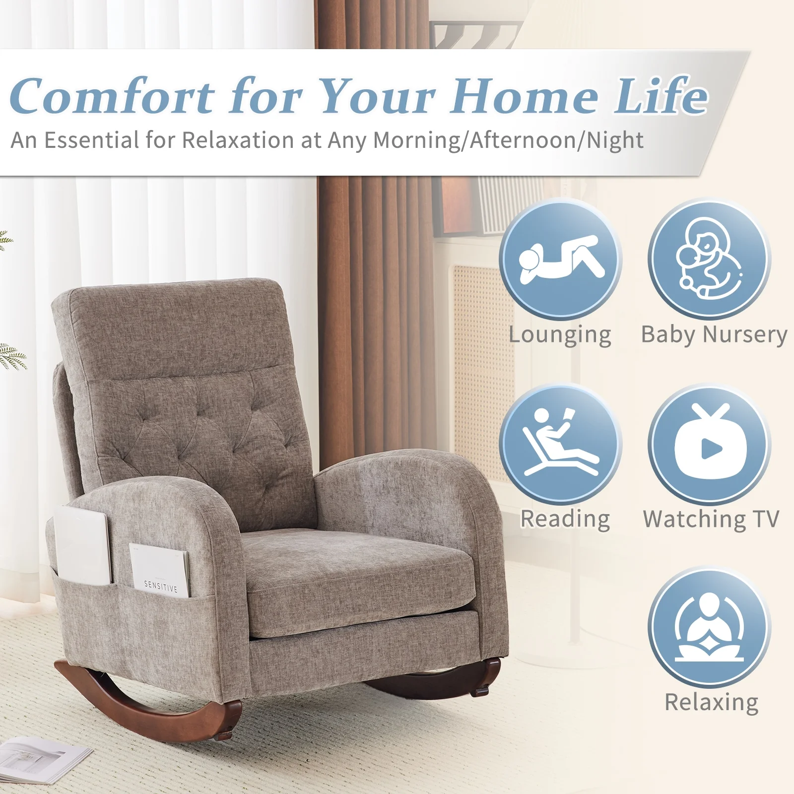 Ktaxon Rocking Accent Chair Glider Reading Chair Comfy Teddy Velvet Upholstered Single Sofa Rocker for Living Room, Nursery, Bedroom Beige - Image 35