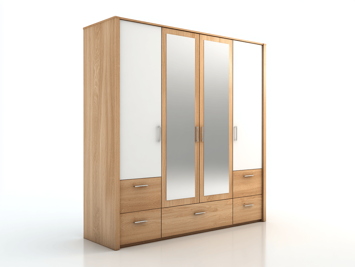 Armario de madera y melamina – blanco/roble claro – 4 puertas (2 con espejo) y 5 cajones
