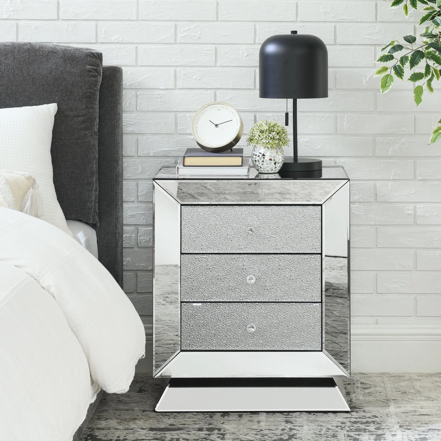 Elegant Mirrored Three-Drawer Cabinet with Diamond-Cut Glass Inlay Drawers, Space-Saving Storage Solution for Living Room, Bedroom, Entryway, Hallway or Sofa Side