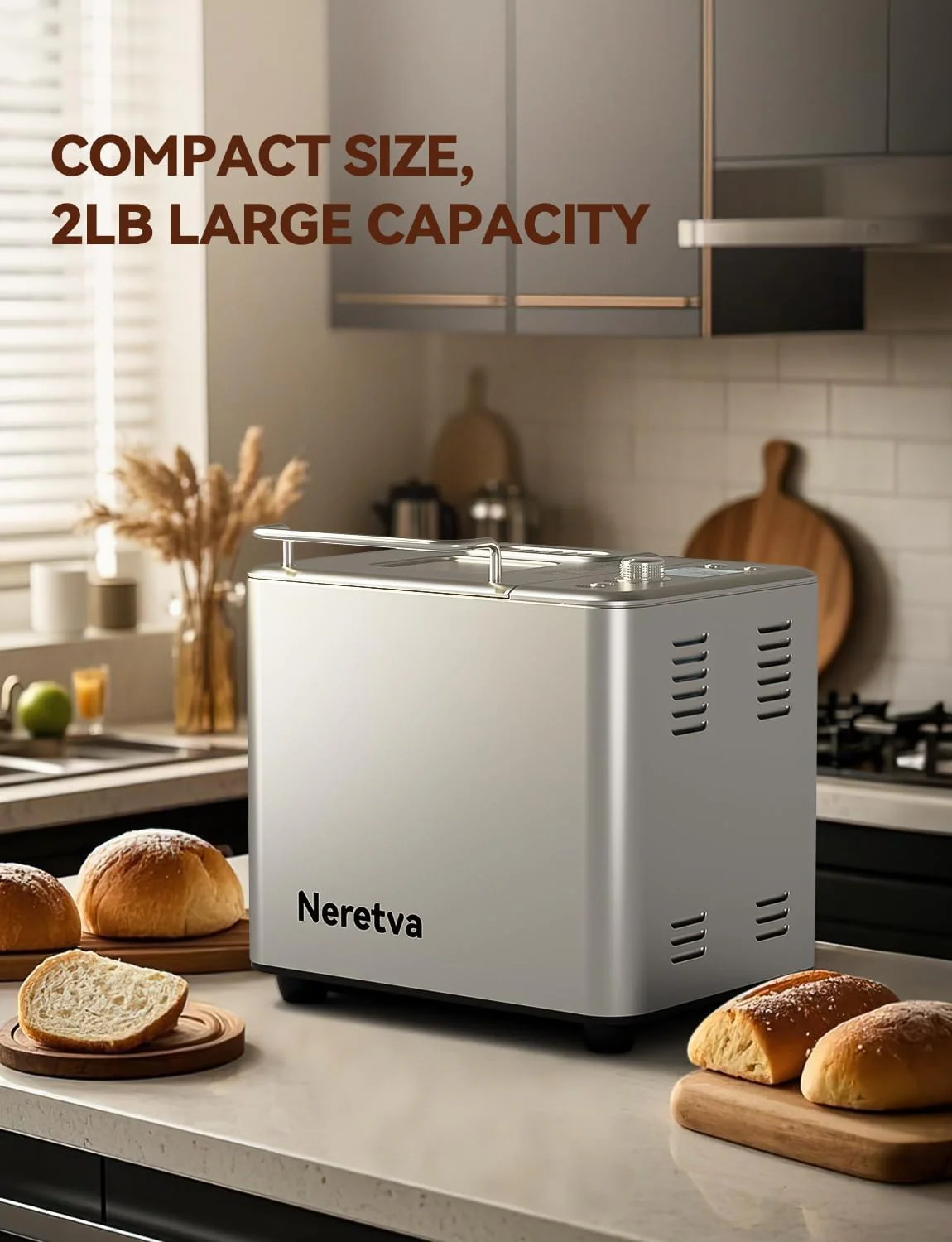 Neretva Bread Maker, 20-IN-1 2LB Bread Machine Dual Heater Bread Maker Machine Automatic with Nonstick Ceramic Pan, 15H Timer & 1H Keep Warm Set, Low Noise, Stainless Steel Breadmaker Recipe-Green