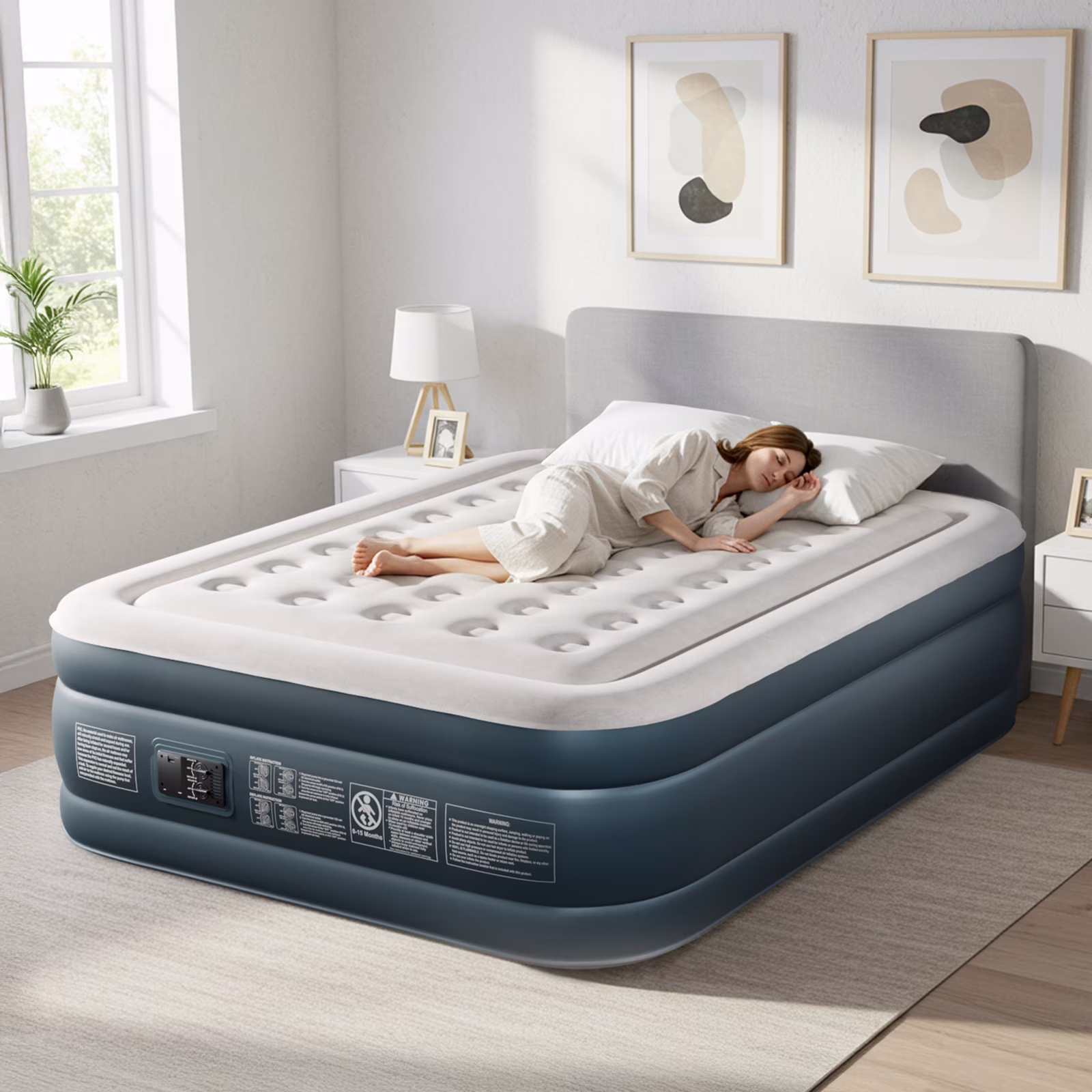 Zimtown 18" Twin Air Mattress with Two Chamber, Elevated Inflatable Bed with Built-in Pump, Protable Airbed for Outdoor Indoor Camping, Gray & White - Image 3