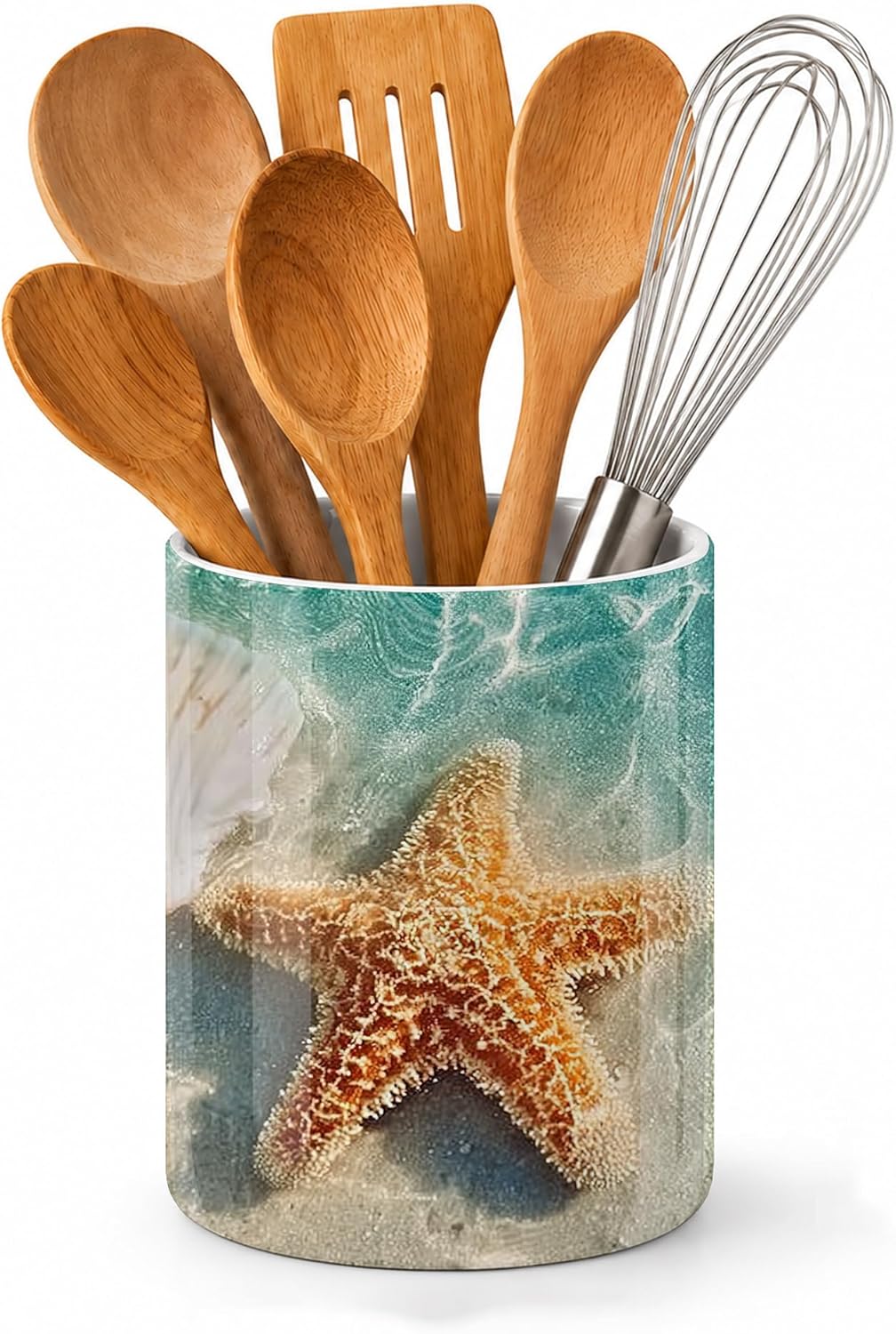 Japanese Waves Kitchen Utensil Holder,Sunrise Cherry Blossoms Ceramic Utensil Crock for Countertop,Cooking Tools Storage jar for Spatulas and Spoons,Housewarming Gifts 6.3