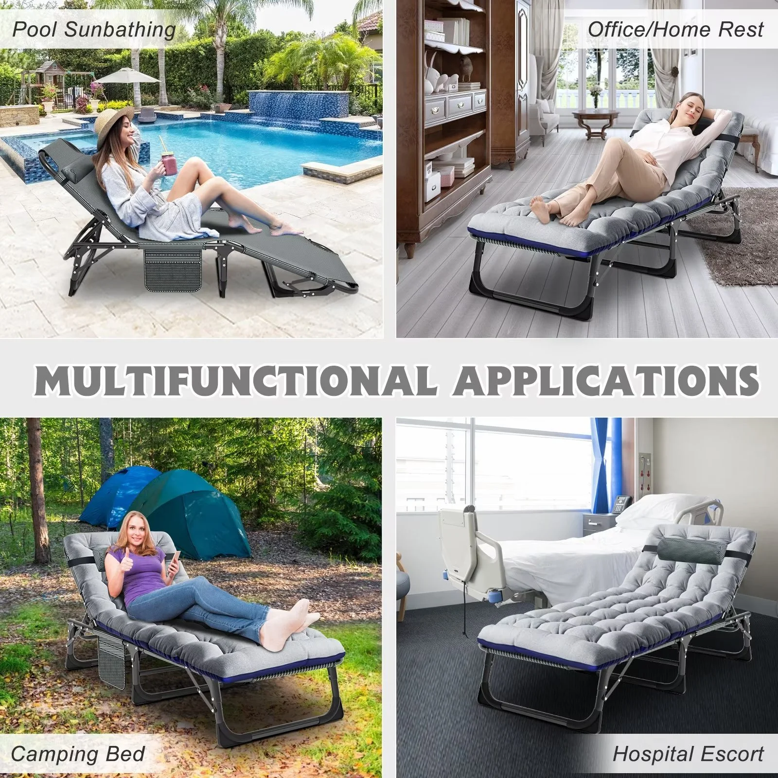 MOPHOTO Lounge Chair with Mattress, Outdoor Chaise Lounge Support 440 Lbs, Adjustable Portable Heavy Duty Sleeping Cots Bed for Camping, Pool, Beach, Patio - Image 57
