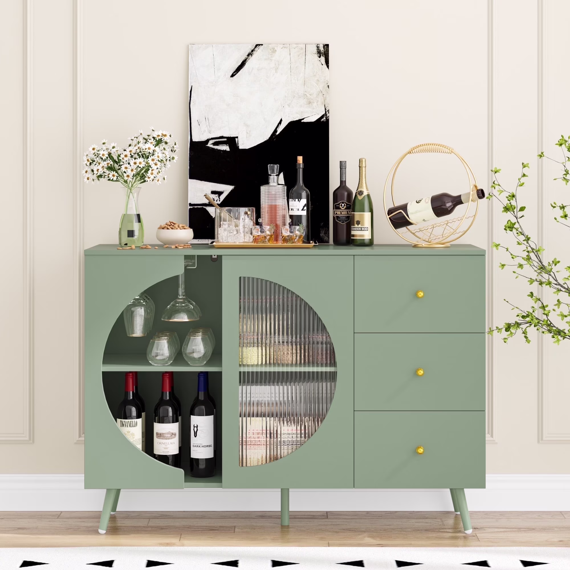 Homfa Coffee Bar Cabinet with 3 Drawers Glass Door, Modern Buffet Sideboard Bar Table for Dining Room, Green(Orange)