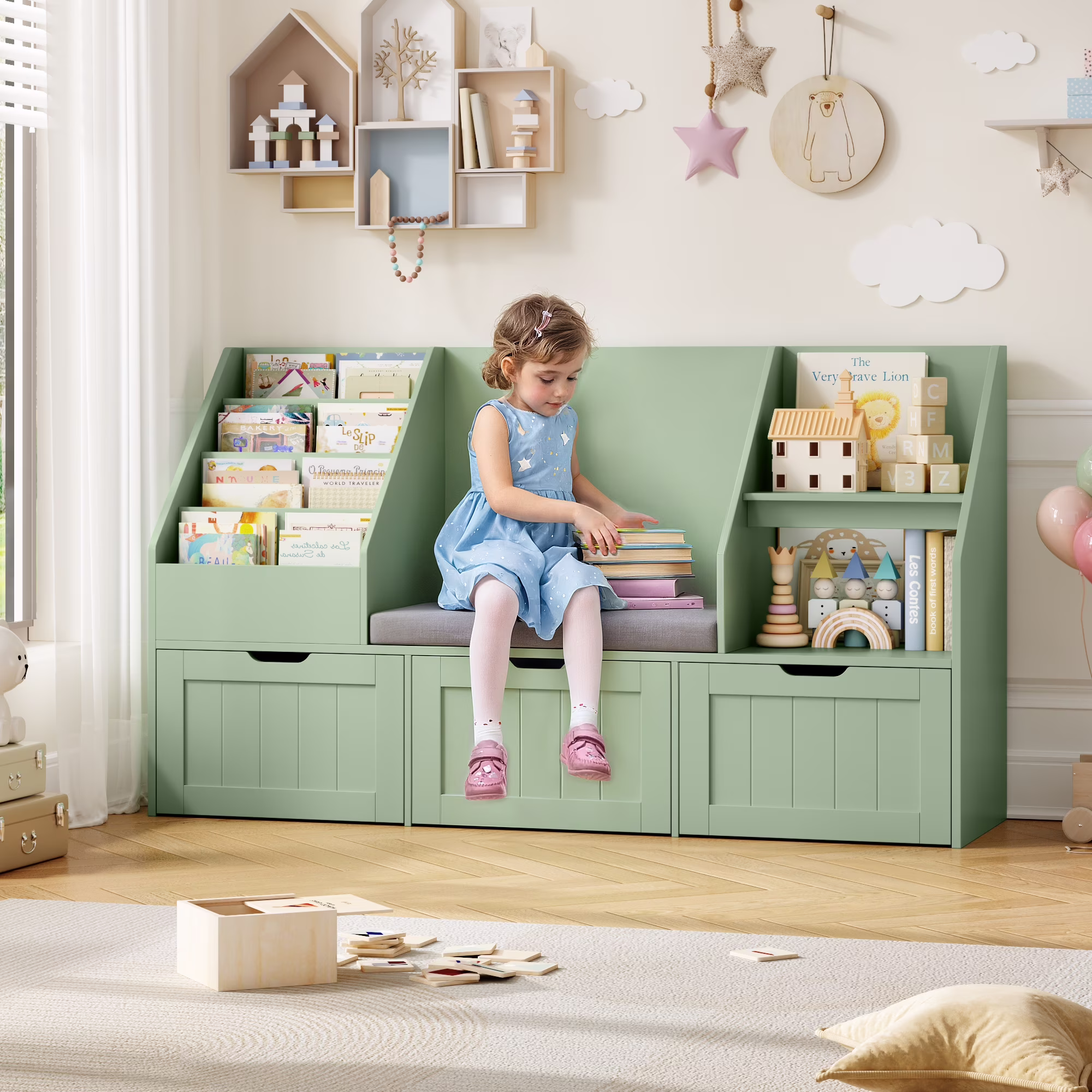 Homfa Kids Bookshelf with Reading Nook & 3 Movable Drawers, 2 Cube Bookcase with 4-Tier Book Racks, Toy Storage Organizer for Playroom Bedroom, White - Image 5