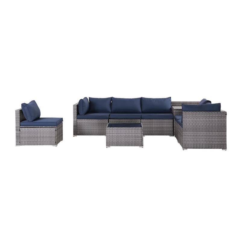 Set de Conversación Exterior de 8 Piezas en Mimbre Gris, Sofá Seccional con Cojines Azul Marino para Terraza o Jardín wp5364717