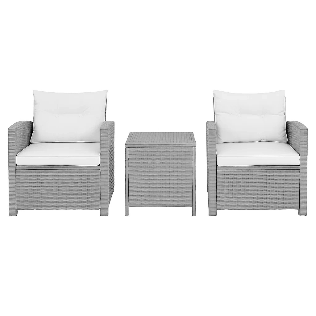 Conjunto de Jardín de Ratán: 2 Sillones y 1 Mesa Baja, Cojines Blancos, Color Gris - KCTeOFP211VF