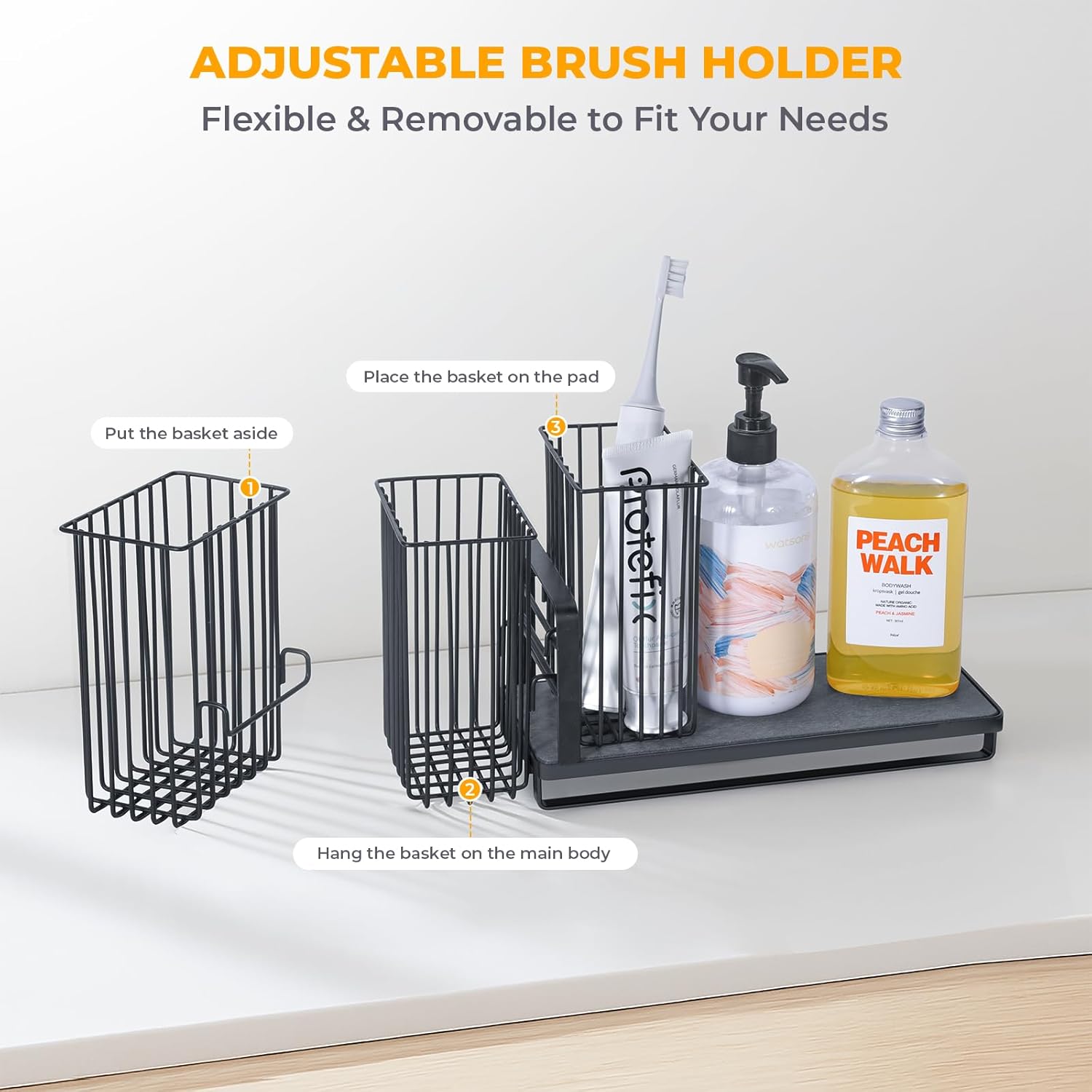 KONE Kitchen Sink Caddy: Sponge Holder for Kitchen Sink Counter with Instant Drying Stone and High Brush Holder, Rustproof Stainless Steel Sponge Holder for Sponges, Scrubbers, Soap (Black)