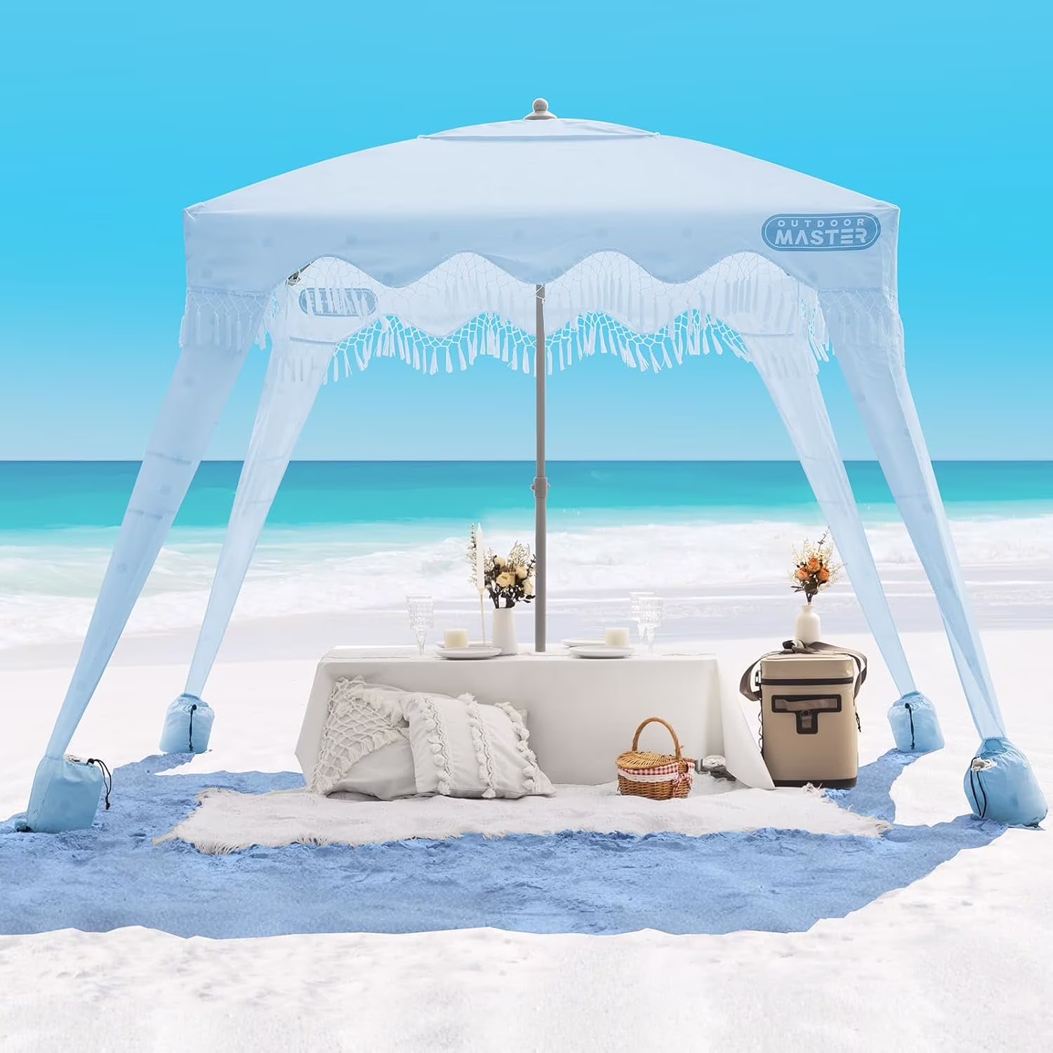 OutdoorMaster Beach Cabana with Fringe, Portable 6' x 6' Beach Canopy, Easy Set Up Beach Shelter, Included Side Wall, UPF 50+ UV Protection Sun Umbrella - for Kids, Family & Friends - Image 7
