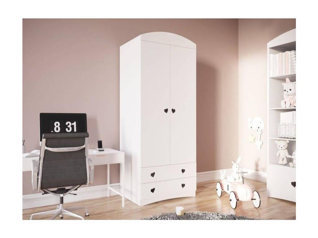 Armario infantil blanco con 2 puertas y 2 cajones decorado con corazones Homelyvo