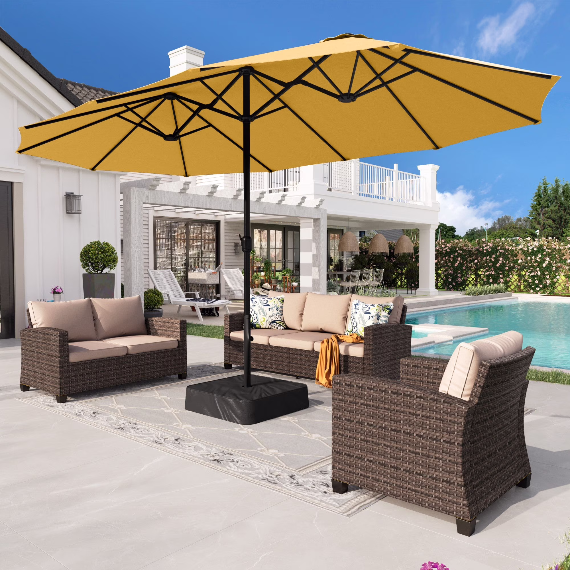 Alpha Joy 15ft Outdoor Patio Umbrella Extra-Large Double-Sided Garden Umbrella with Crank Handle and Base - Smoky Gray - Image 20