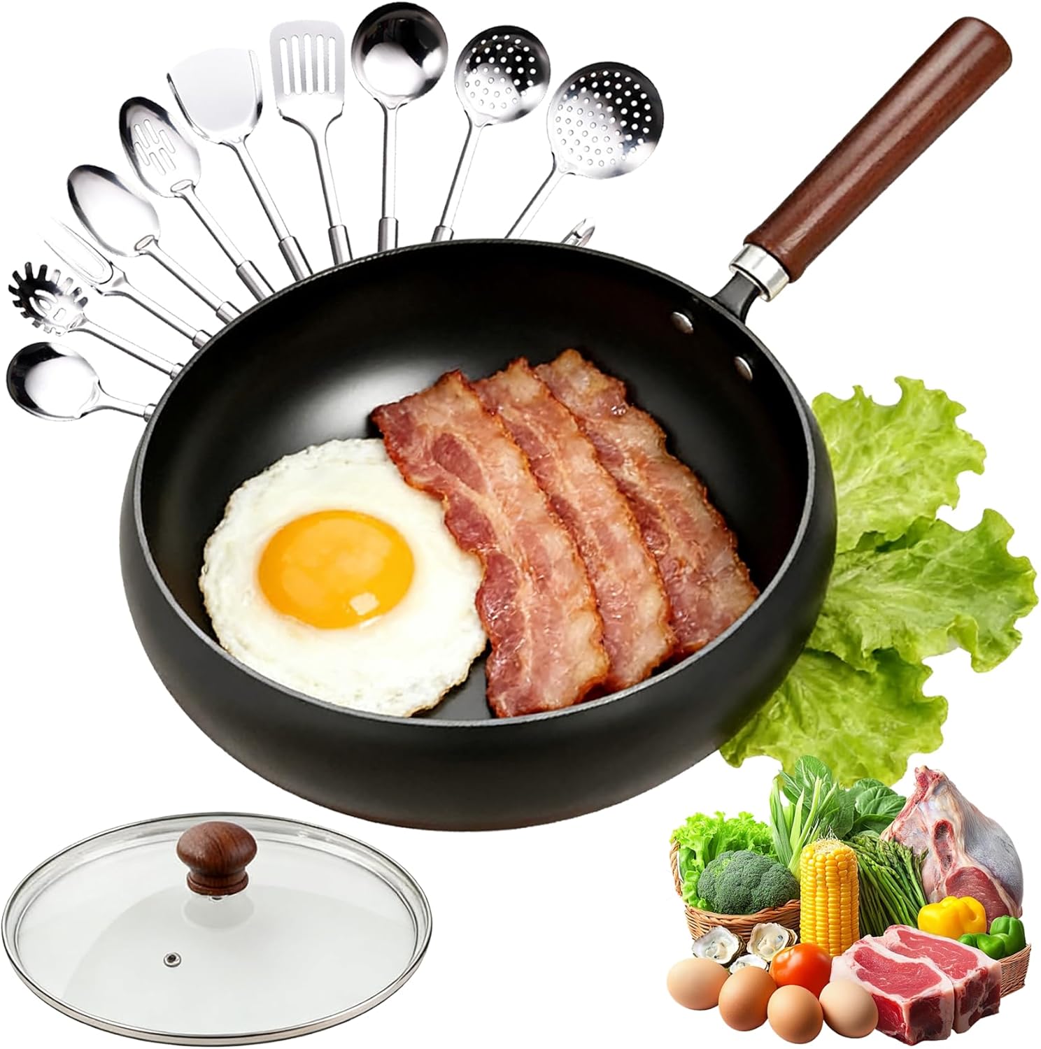 Uncoated Thick Iron Pot, Even Heating Non-Stick Japanese Wok Pan with Lid, Hand-Forged Japanese Cast Iron Wok with Spatula, Cast Iron Pot for Induction, Gas & Electric Cooktops (24cm-Wooden)