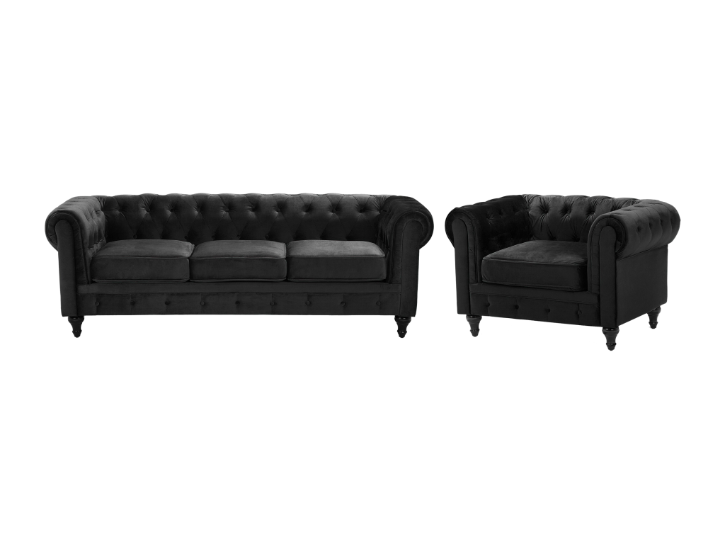 Conjunto de sala de estar 4 plazas de terciopelo negro CHESTERFIELD