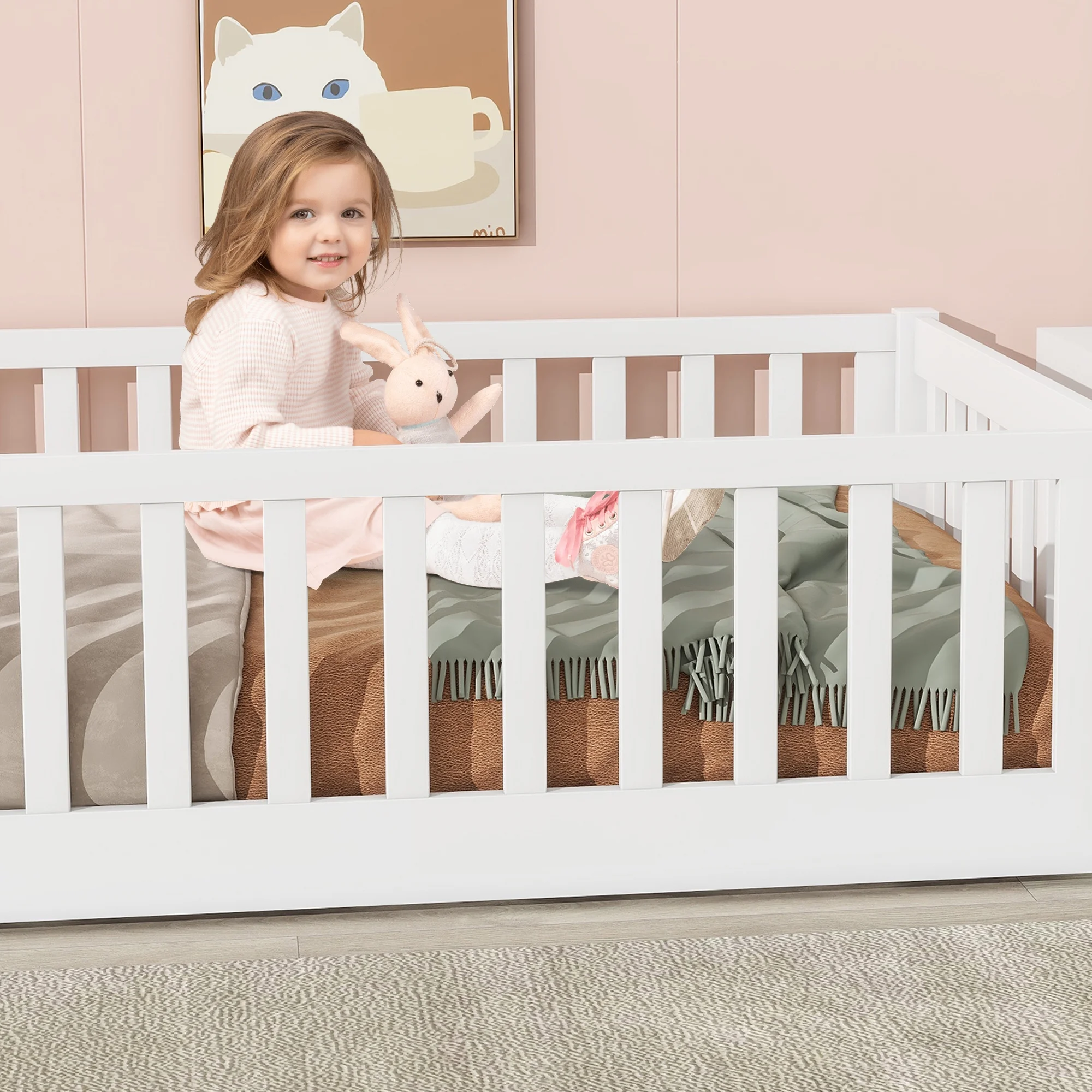 UHOMEPRO Twin Size Floor Bed with Door and Fence, Montessori Floor Bed with Slats and Safety Guardrails, Solid Wood Twin Bed Frame for Bedroom, White - Image 4