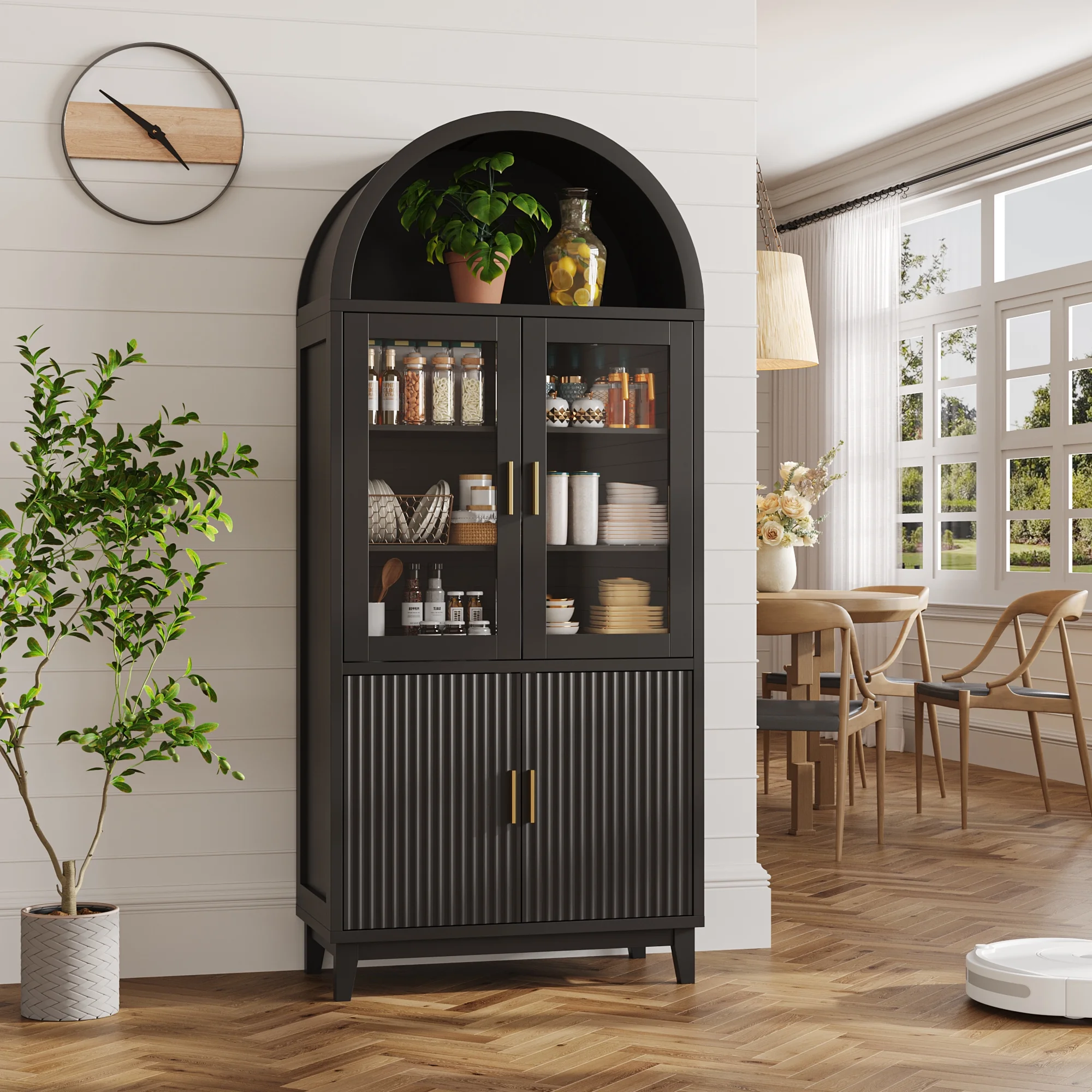 VEANERWOOD 71" Tall Arch Cabinet, Wood Fluted Kitchen Kitchen Storage Cabinet with 4 Doors and 6 Shelves for Dining Room Living Room - Image 13