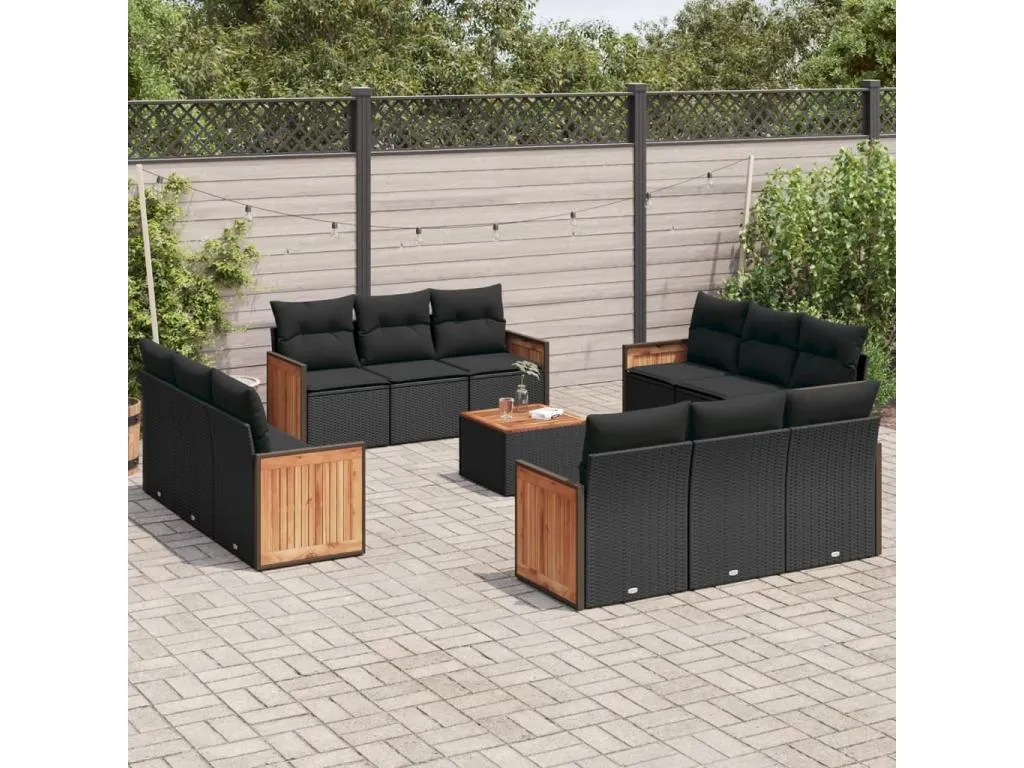 Set de sofás de jardín y cojines 13 piezas ratán sintético negro 30488RWRM