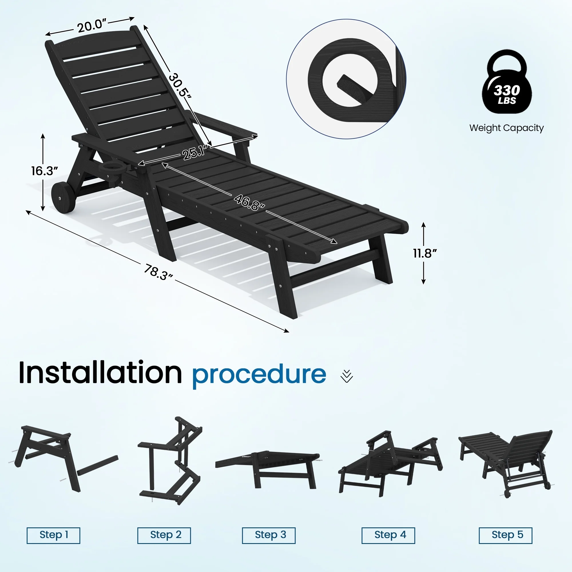 SERWALL Patio Chaise Lounge Chair, 78'' HDPE Outdoor Lounge Chair 5 Positions Pool Lounger Navy Blue - Image 84