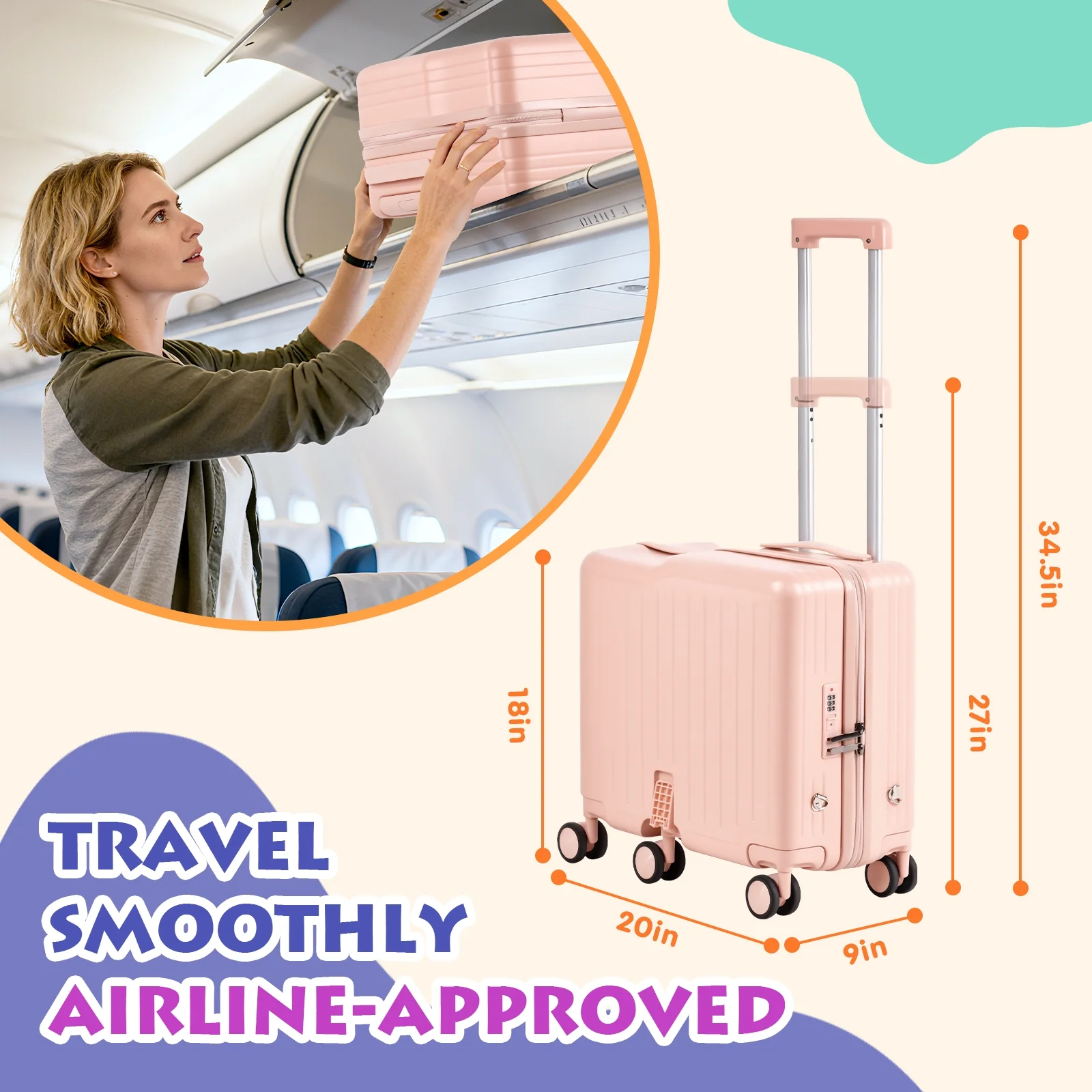 Advwin Ride-On Kids Luggage with Pull Strap, Footrests, Cup Holder, 6 Wheels & Adjustable Handle, 18-Inch Spinner Suitcase with Stickers & Boarding Pass, Pink - Image 10