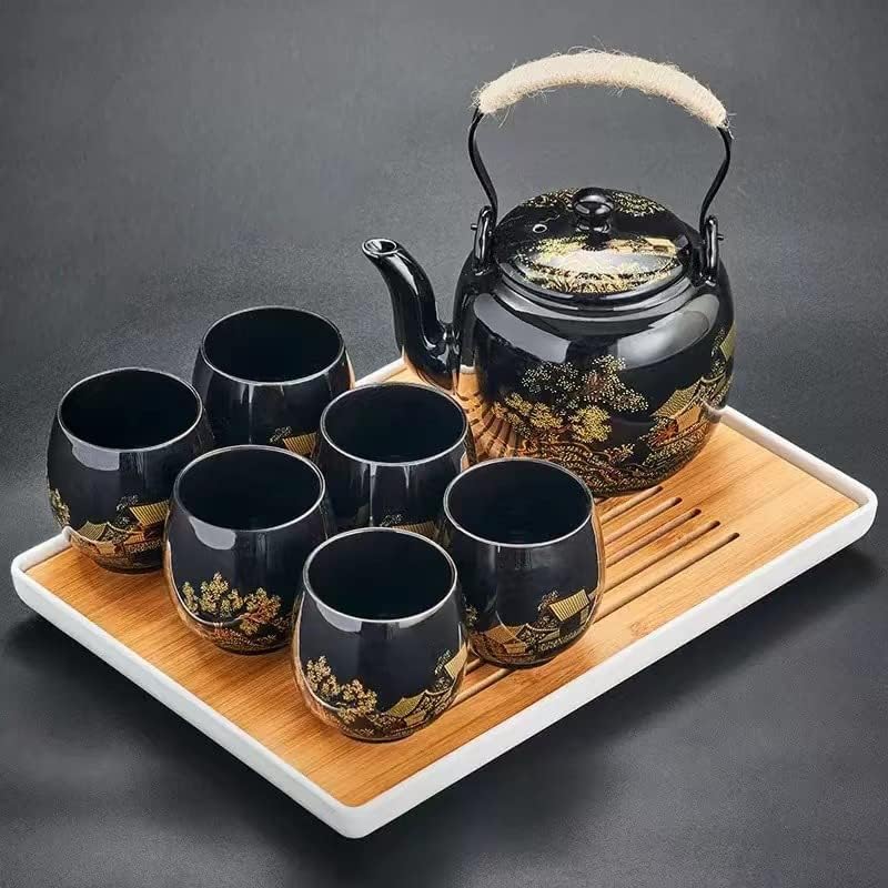 Japanese Tea Set, Black Glazed Tea Set in Gift Box With 1 Teapot, 1 Tea Strainer, 1 Tea Tray and 6 Tea Cups. Ideal Tea Set for Office Home, Asian Tea Sets for Tea Lovers(Landscape Blue)