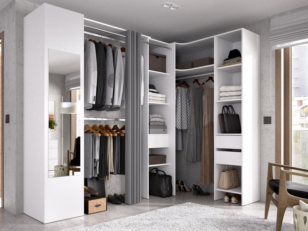 Armario ropero de esquina 1 puerta con cortina y espejo - 231 cm - blanco y gris