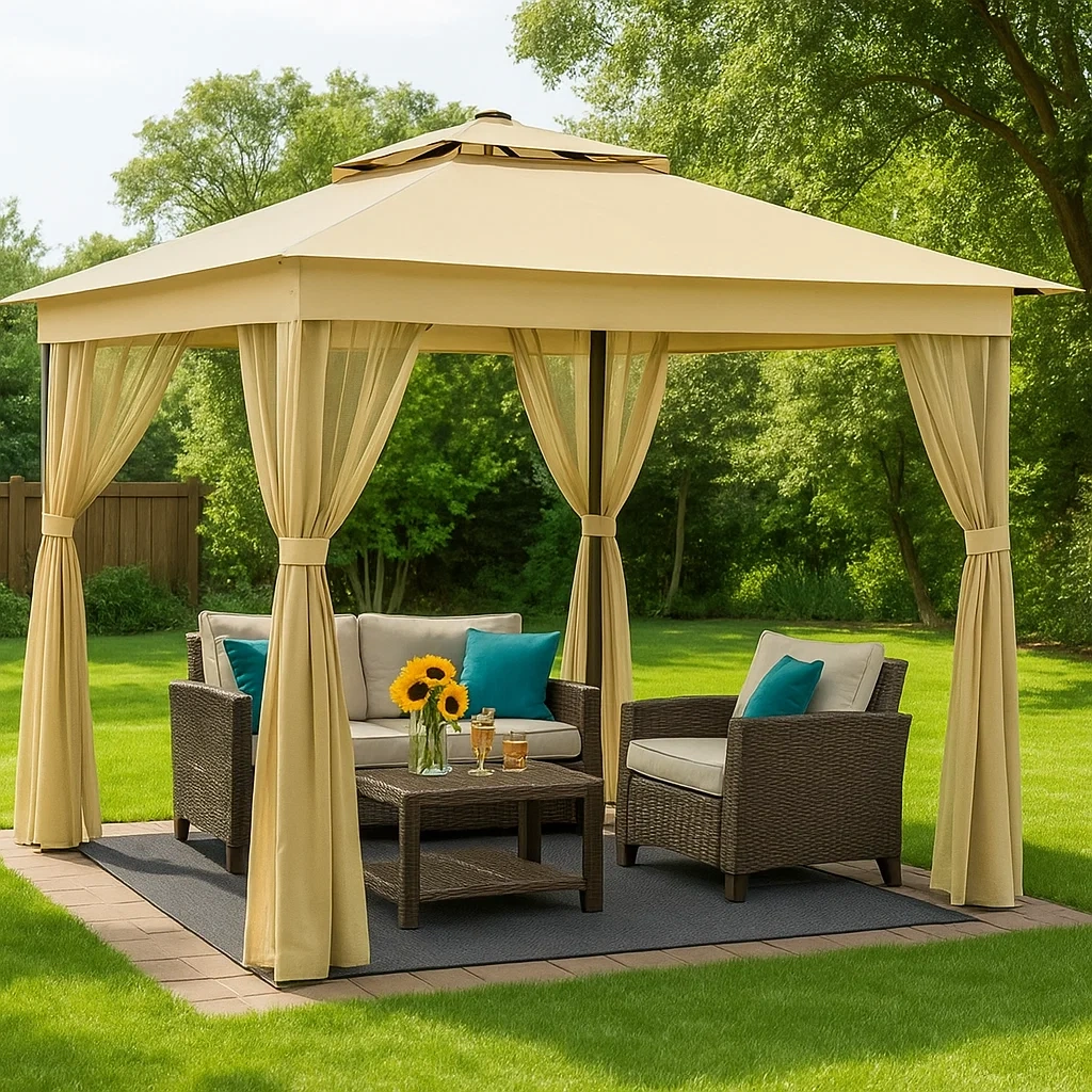 Pérgola con cortinas 3x3 m beige con estructura de acero,cenador cuadrado para jardín - HreyetR153wg