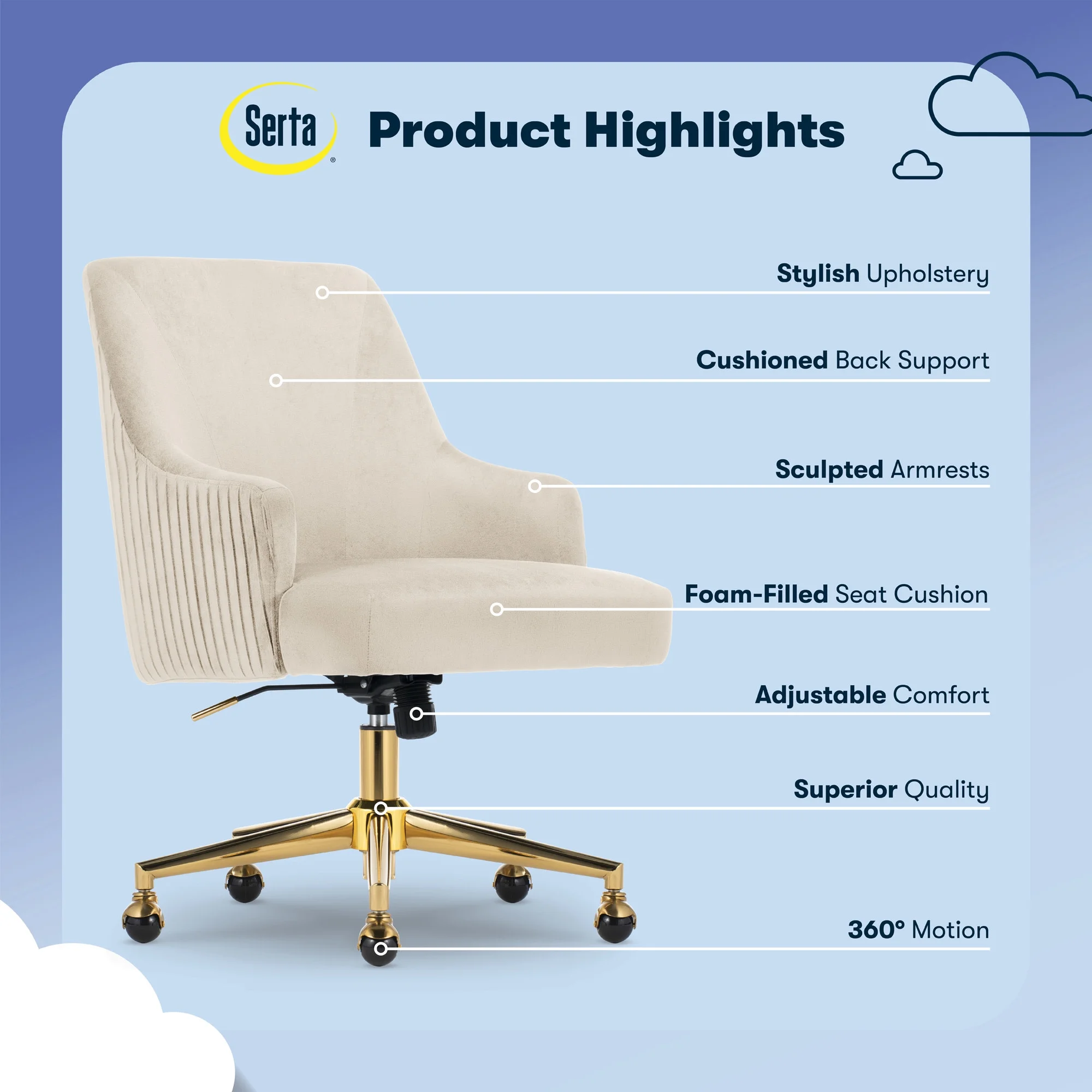 Serta Scarlett Modern Mid-Back Office Chair Velvet Fabric Gold Metal Base Pink - Image 14